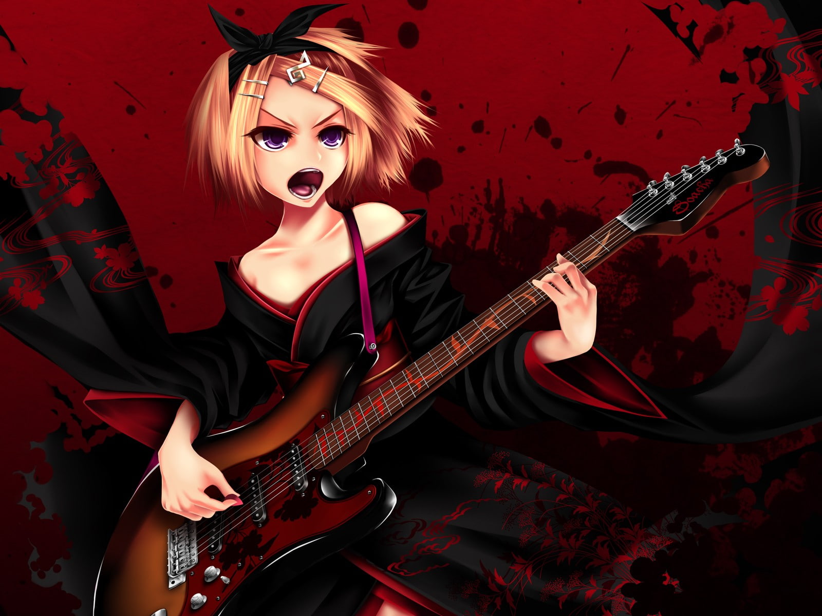 anime, vocaloid, kagamine, tengaku, kagamine rin, kimono, 720P, anime girls, girls, guitar, rin, HD Wallpaper