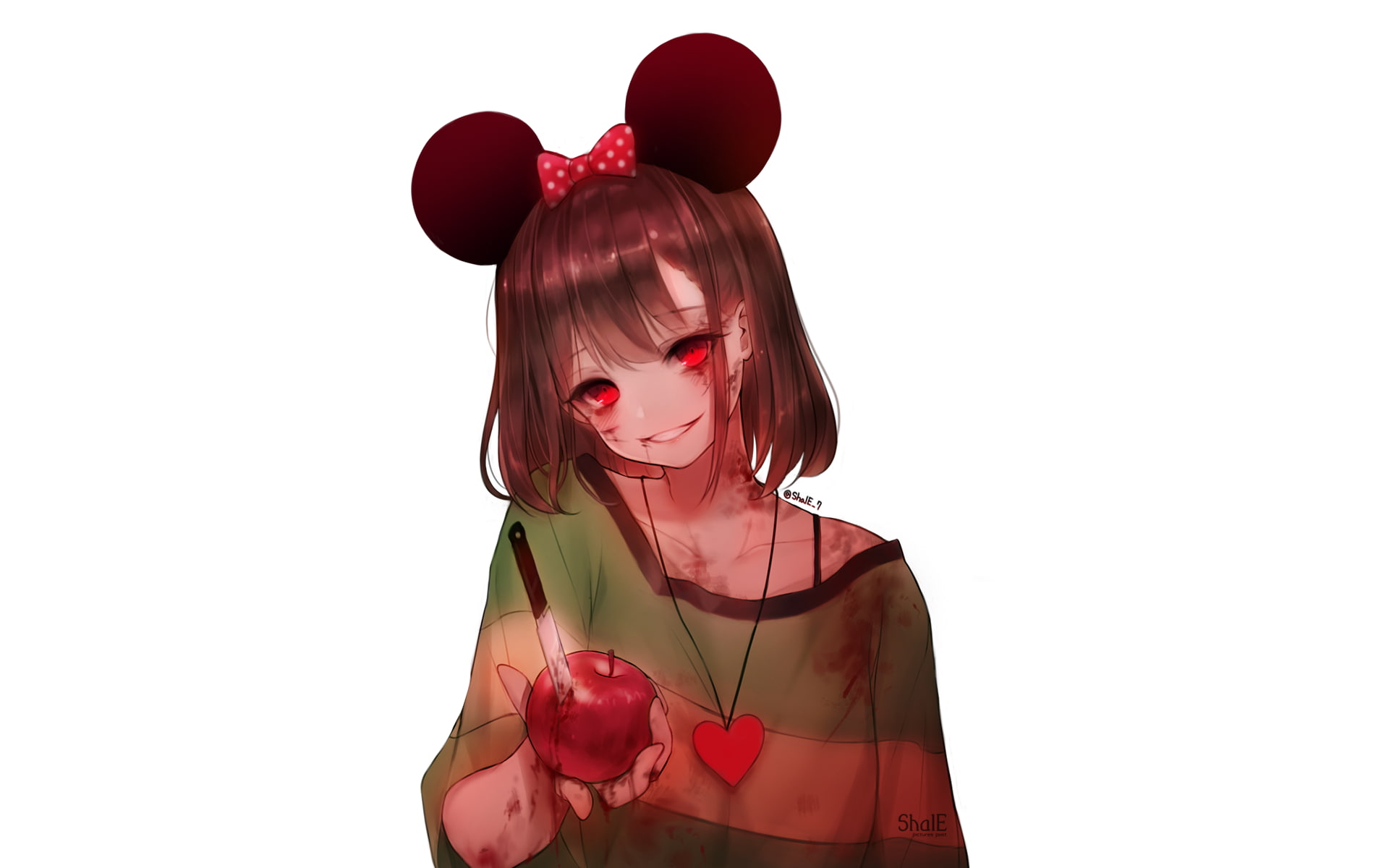 apple, red eyes, knife, copy space, lifestyles, waist up, young adult, cut out, Anime, studio shot, smirk, beautiful woman, yandere girl, standing, red, HD Wallpaper