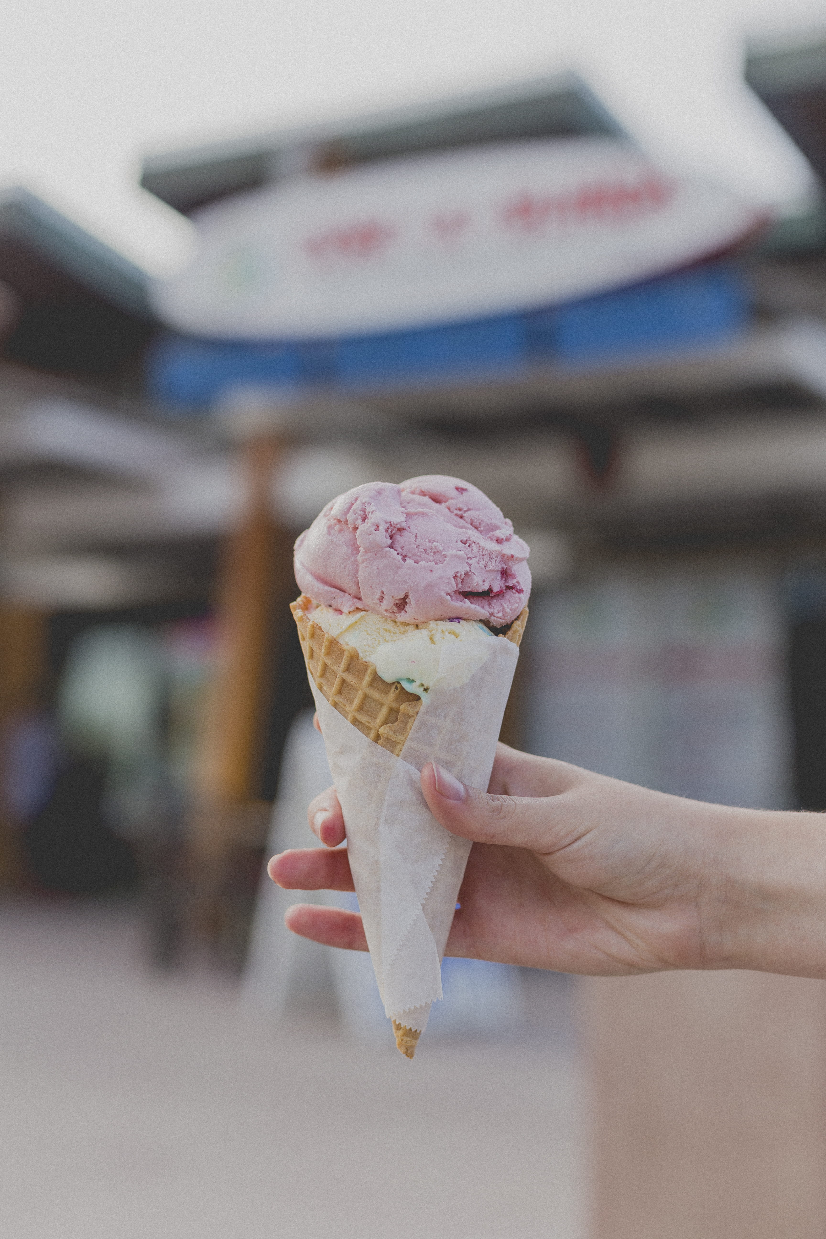 5K, human body part, holding, food, waffle cone, finger, ready-to-eat, cone, strawberry, cold - Temperature, unhealthy eating, snack, refreshment, ice Cream Cone, Phone HD Wallpaper