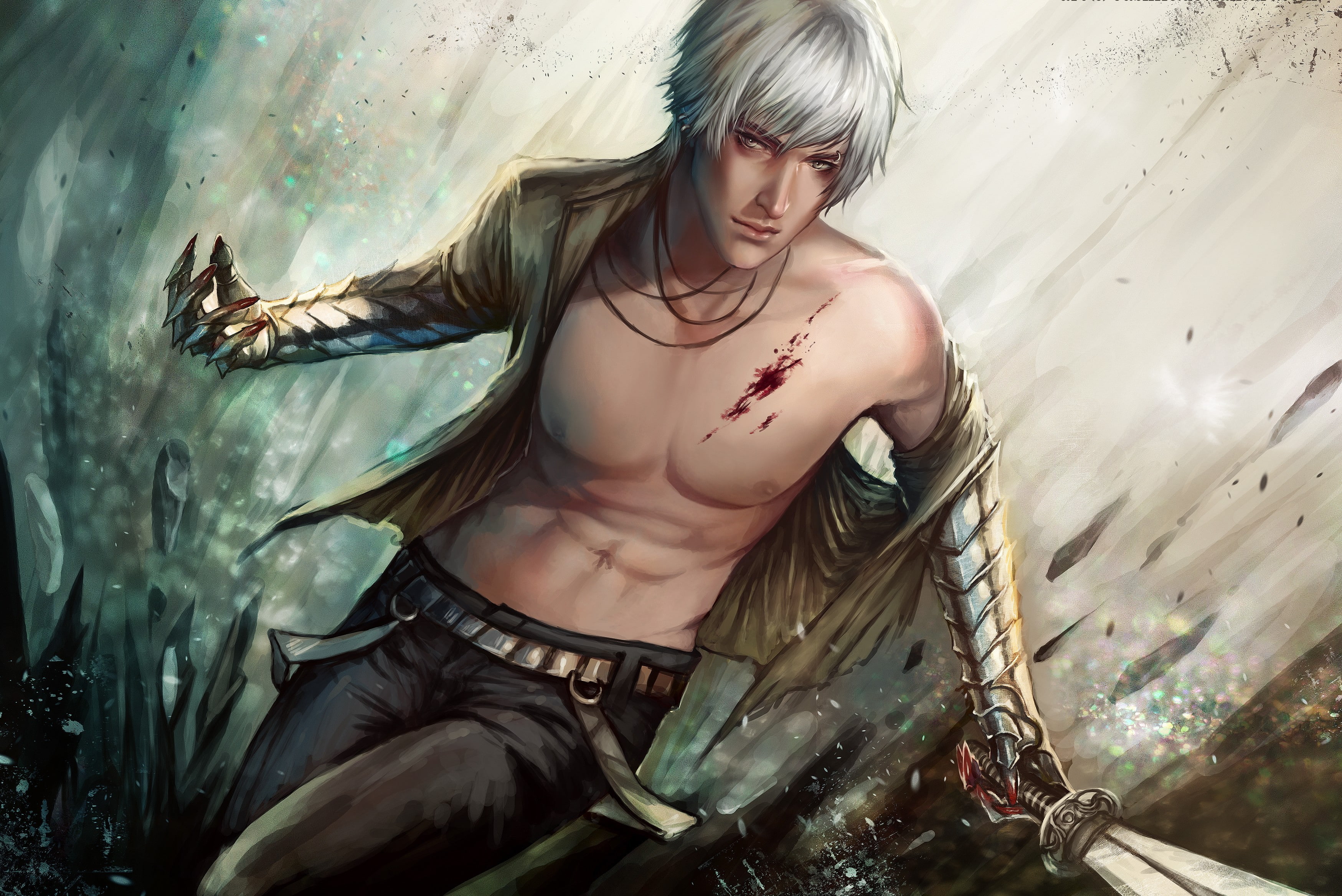 blood, wound, man, 2K, sword, metal, guy, art, white, hair, weapons, digital, HD Wallpaper