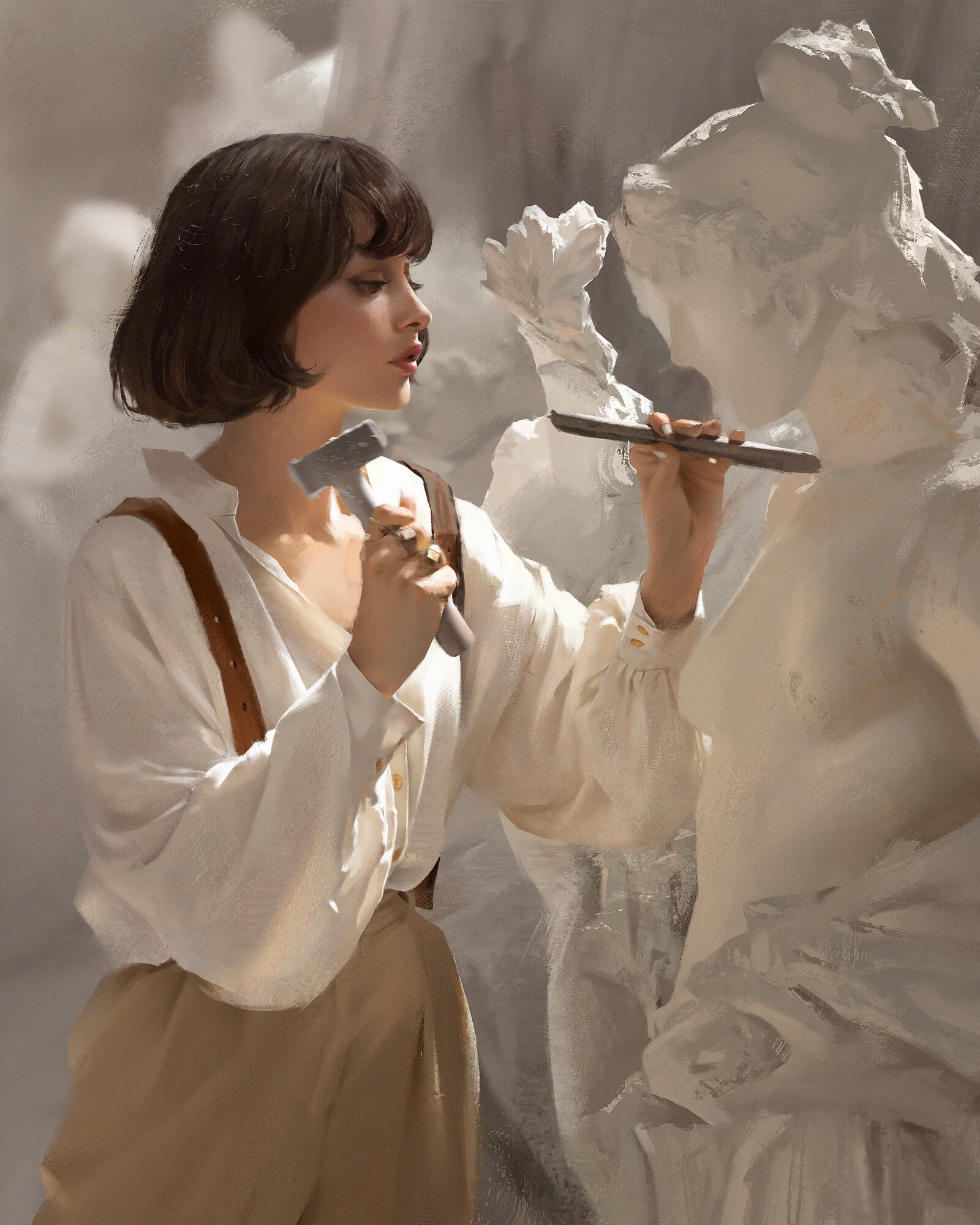 working, women, short hair, brunette, pants, drawing, 1080P, Jingyu Shen, makeup, shirt, suspenders, sculpture, Phone HD Wallpaper