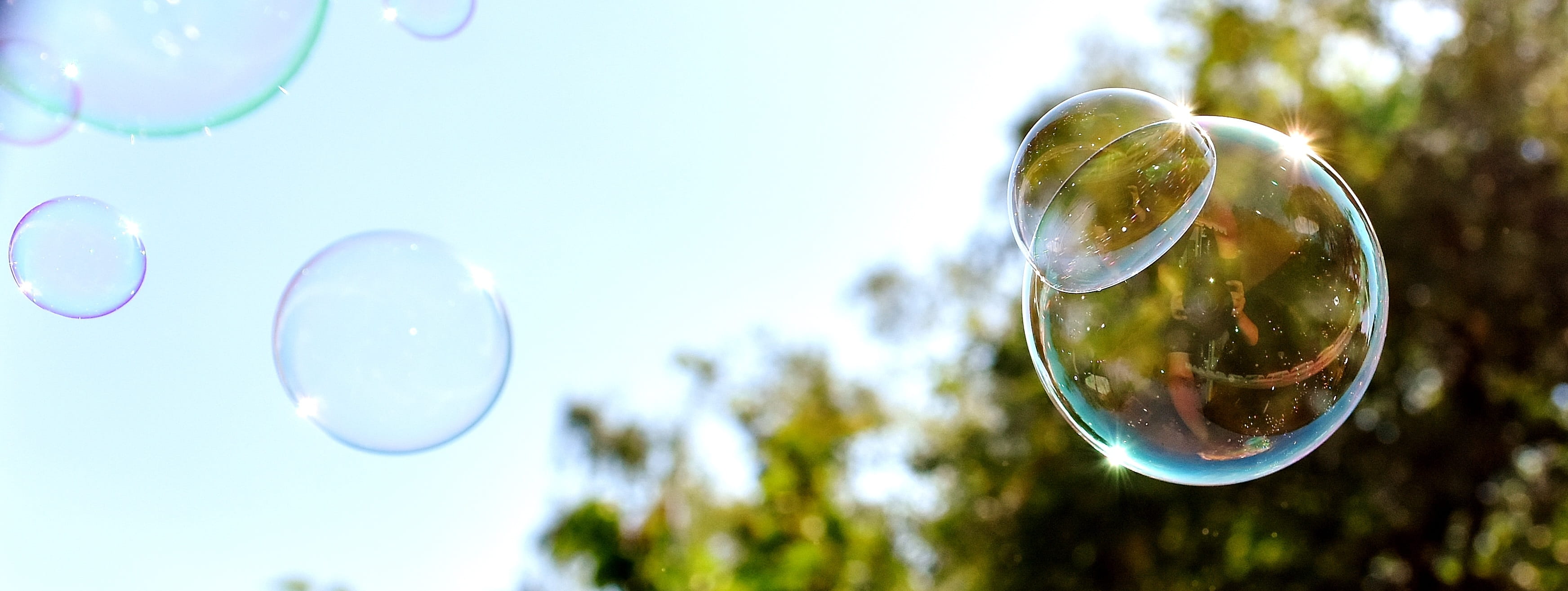 low, mid-air, make soap bubbles, healthcare and medicine, focus on foreground, photo, bubble wand, angle, fly, 2K, sky, refraction, no people, tree, balls, HD Wallpaper