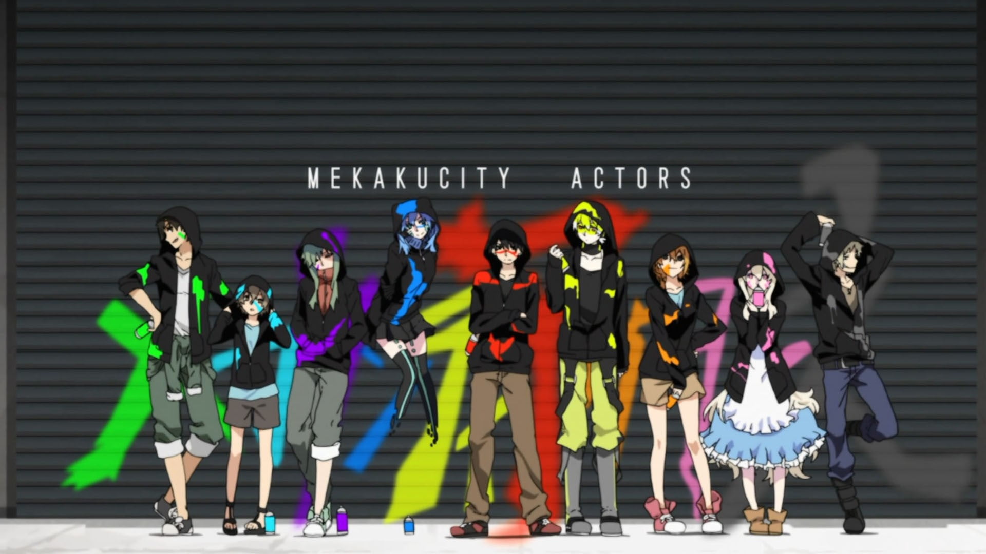 full length, clothing, western script, text, medium group of people, Kagerou Project, anime, group of people, building exterior, adult, group, 1080P, women, HD Wallpaper