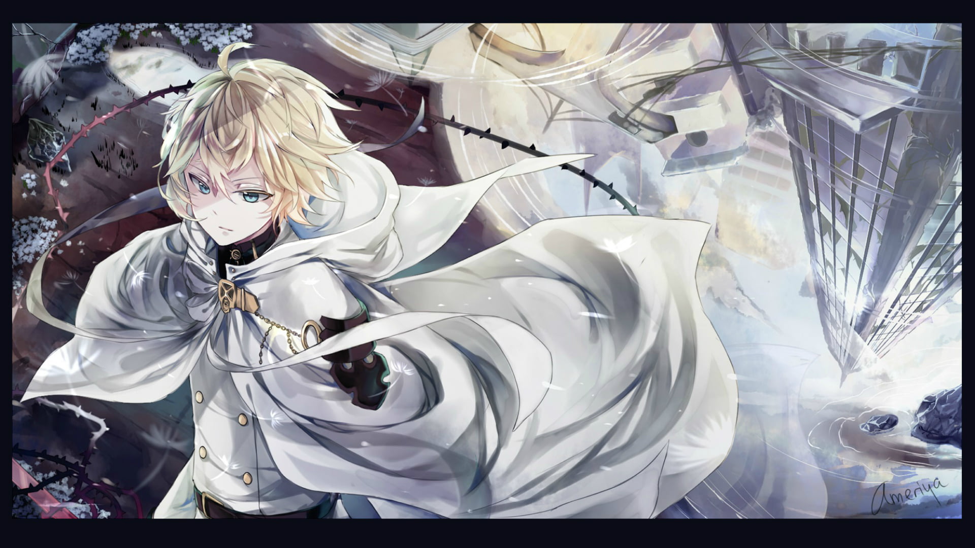 digital, white color, indoors, standing, Yamato Yamamoto, waist up, male, reflection, water, blond hair, anime, fantasy, decoration, computer Graphic, auto post production filter, HD Wallpaper