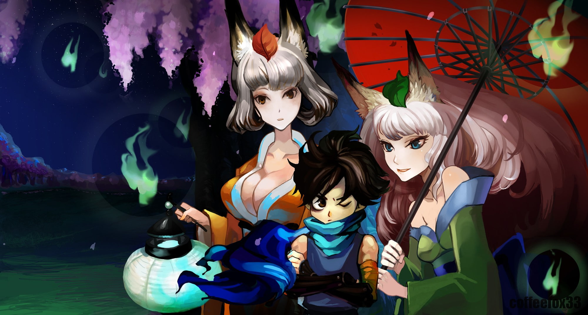 hair, fox, skyscapes, dress, muramasa, games, cleavage, women, girls, oboro, leaves, boys, detached, clothes, video, long, white, eyes, short, brunettes, HD Wallpaper