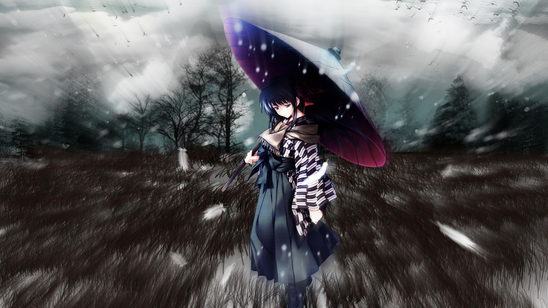 blue, umbrellas, trees, 1080P, snow, hair, feathers, women, HD Wallpaper