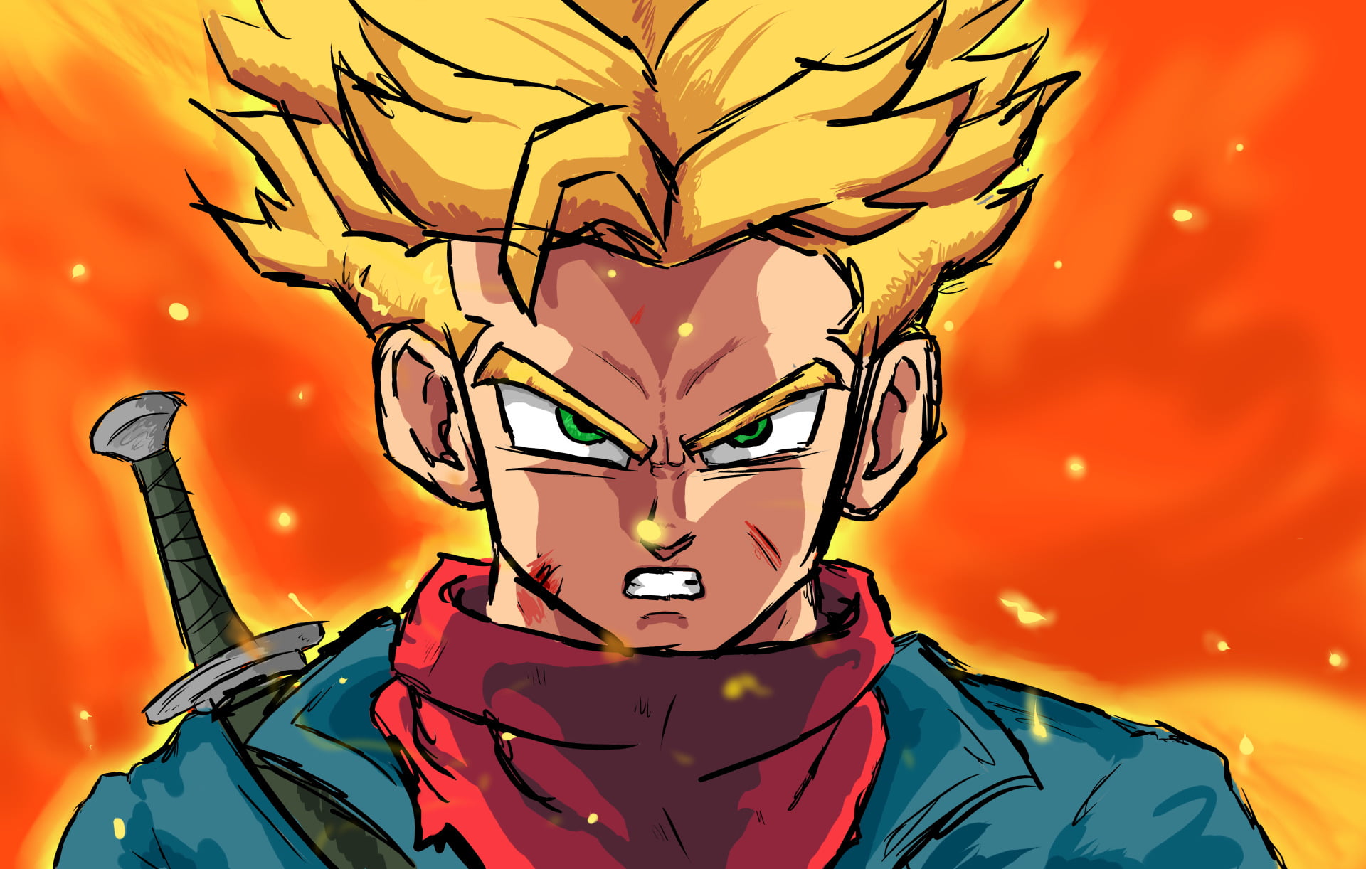 representation, close-up, illuminated, creativity, obscured face, Trunks (Dragon Ball), Dragon Ball, 1080P, one person, Dragon Ball Super, standing, orange color, HD Wallpaper