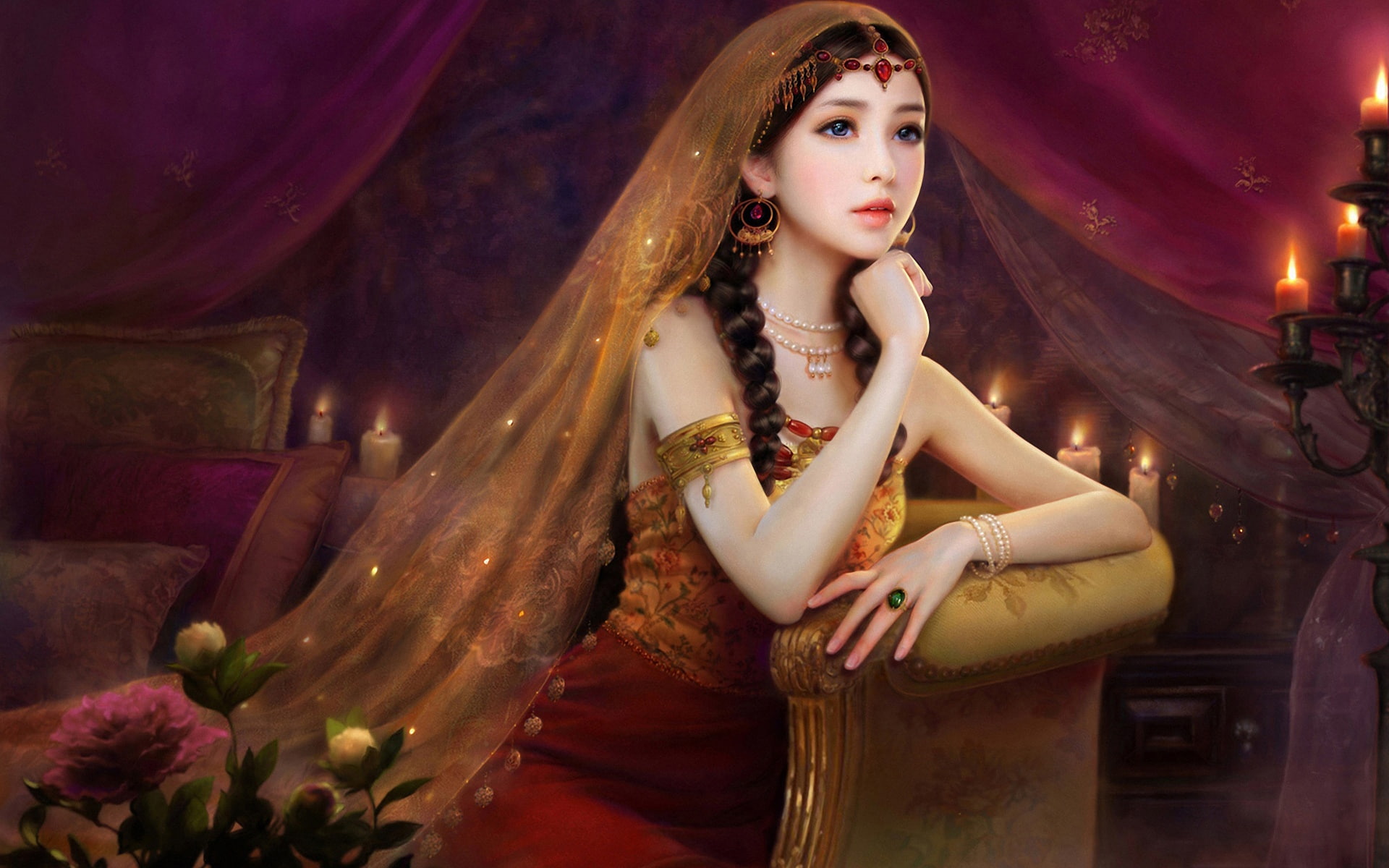 Exquisite, 1080P, Veil, Candles, Beautiful, Charming, Girl, Dress, Flowers, HD Wallpaper