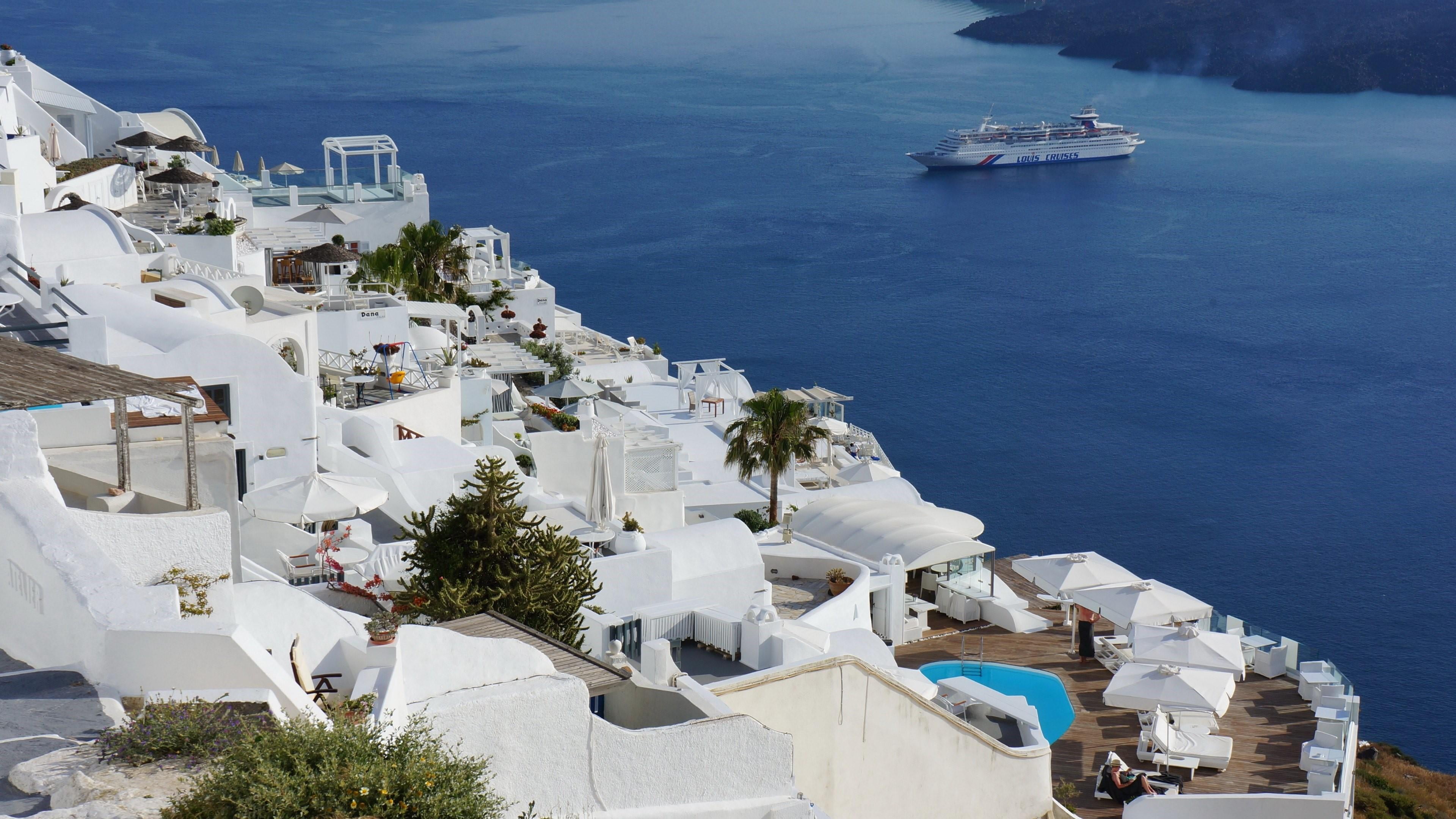 water, coastline, residential district, city, architecture, europe, greek, village, day, santorini, mediterranean sea, travel, island, coast, travel destinations, HD Wallpaper