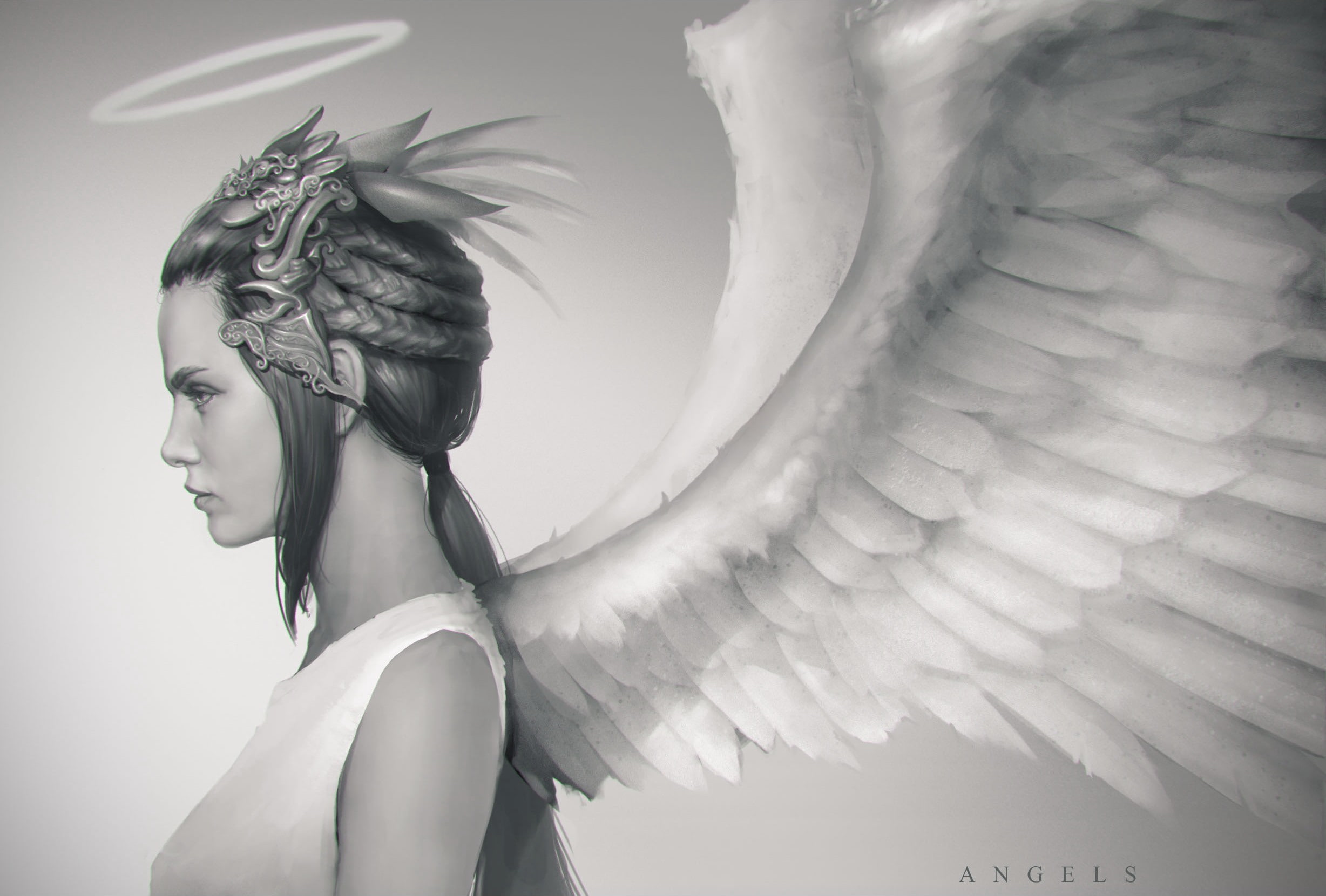 digital art, white, wings, 1080P, angel, Halo, HD Wallpaper