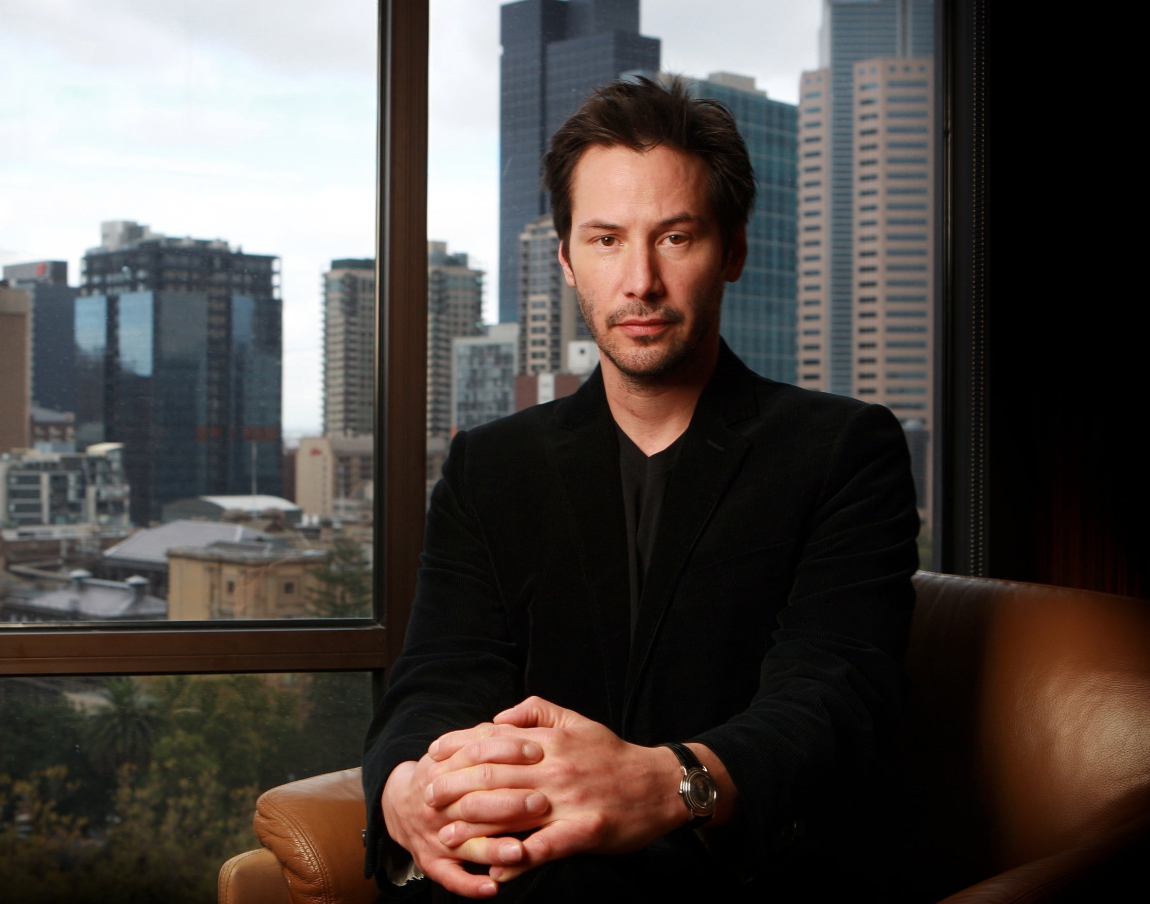 city, built structure, actor, businessman, view, portrait, sitting, one person, looking at camera, front view, 1080P, office building exterior, men, keanu, HD Wallpaper