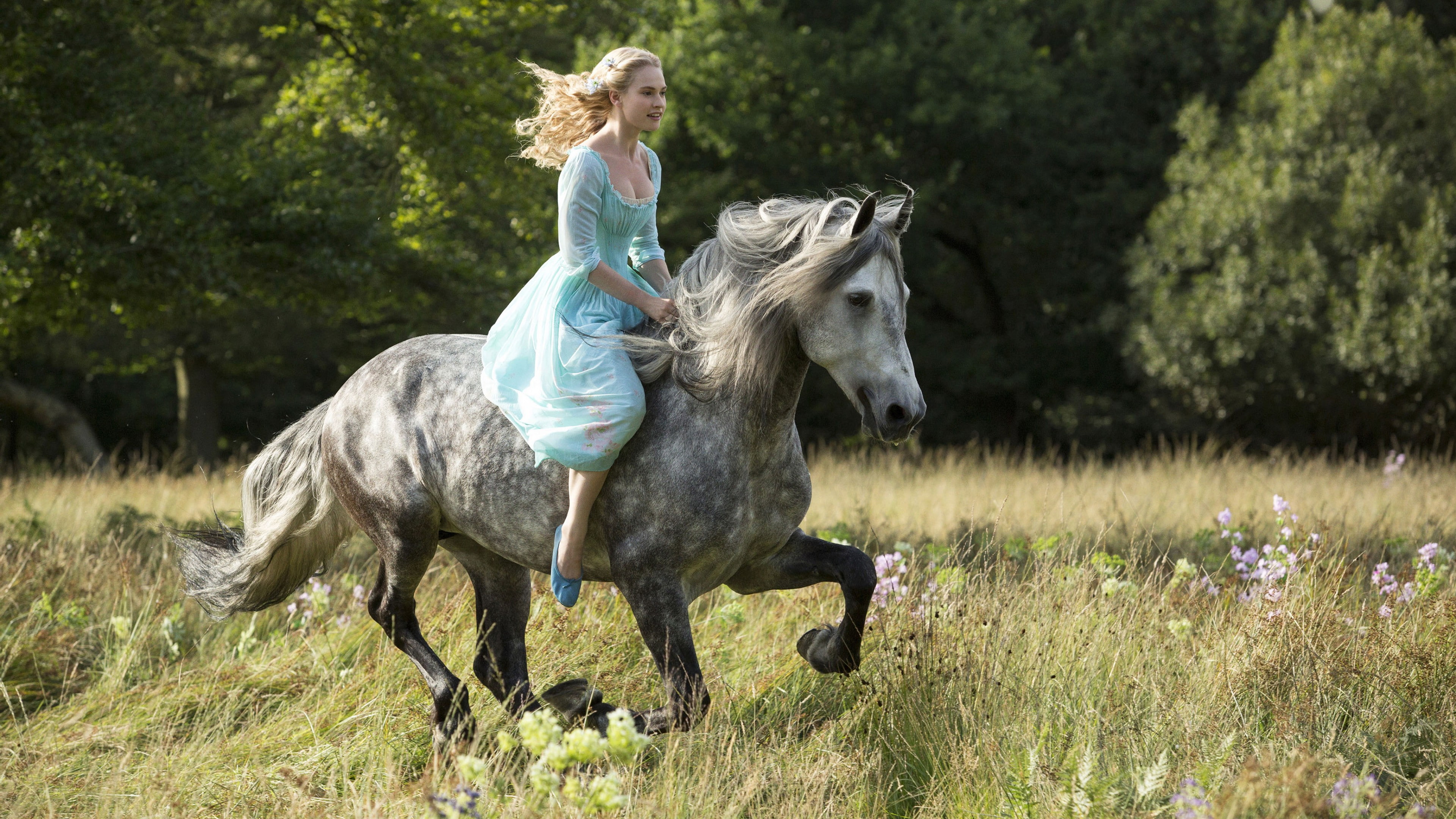 fog, Best Movies of 2015, horse, Lily James, blonde, gray, riding, film, romantic, woman, blue, Cinderella, 4K, dress, HD Wallpaper