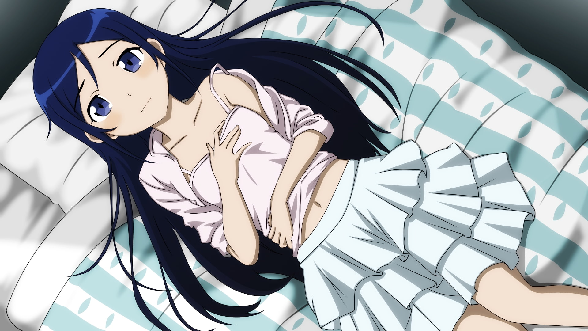beds, konna, hair, blue, ore, 1080P, ga, skirts, aragaki, ni, ayase, lying, people, kawaii, eyes, art, hd, Blue Eyes, long, imouto, HD Wallpaper