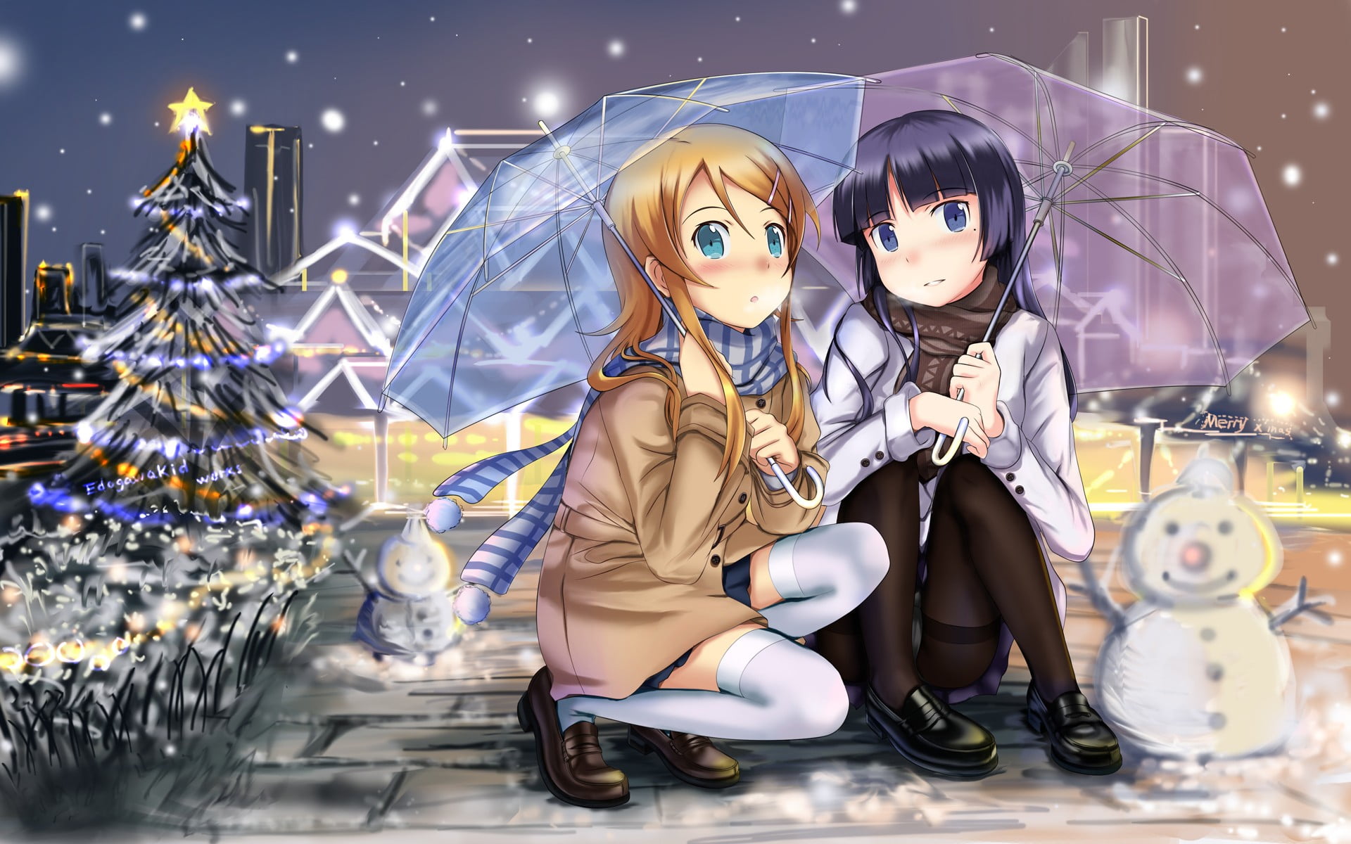 lifestyles, representation, anime, sitting, winter, young women, fashion, two people, women, illuminated, clothing, Ore no Imouto ga Konnani Kawaii Wake ga Nai, HD Wallpaper