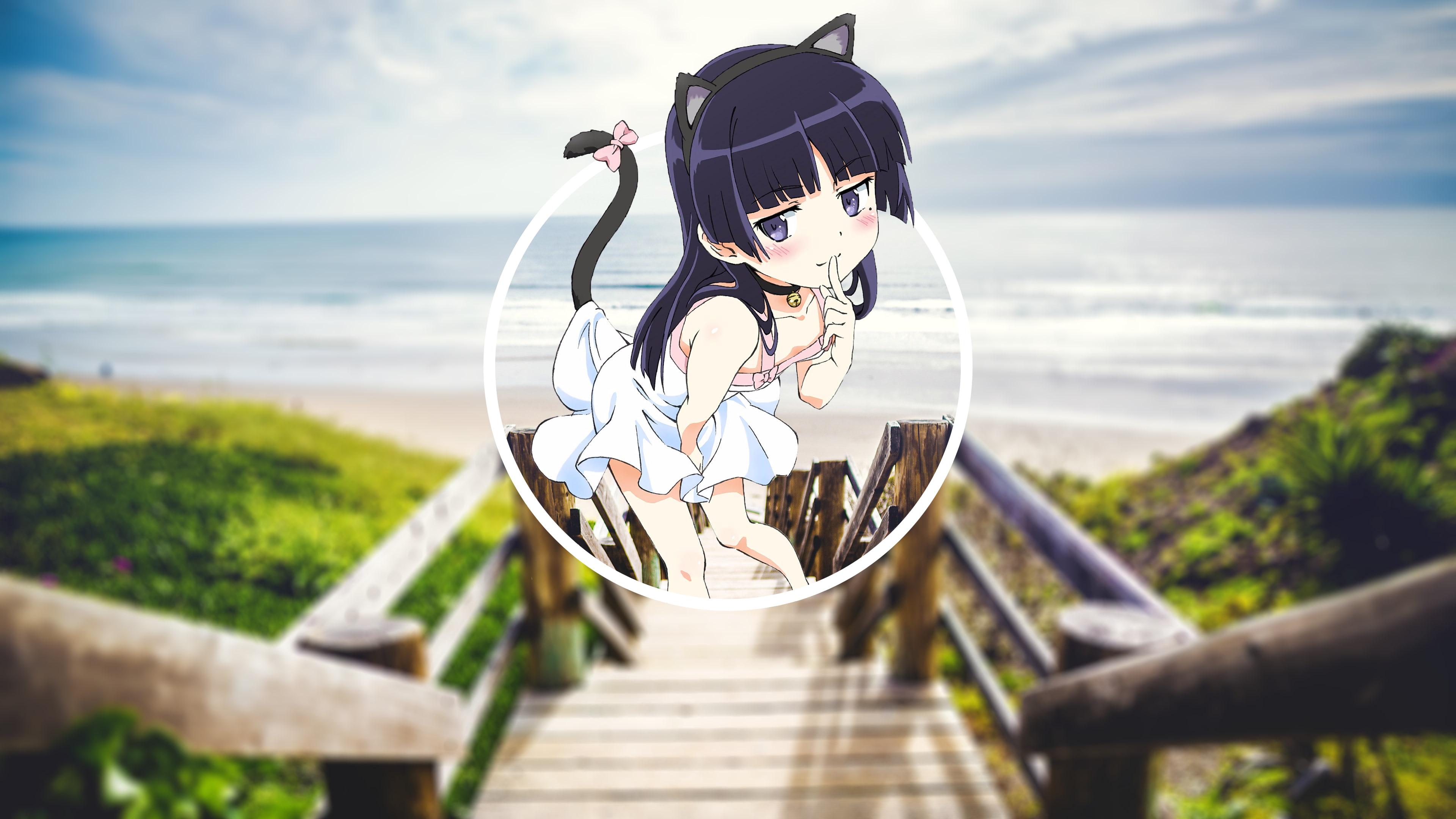cloud - sky, anime girls, Ore no Imouto ga Konnani Kawaii Wake ga Nai, sea, picture-in-picture, beach, white skin, blurred, outdoors, horizon over water, HD Wallpaper