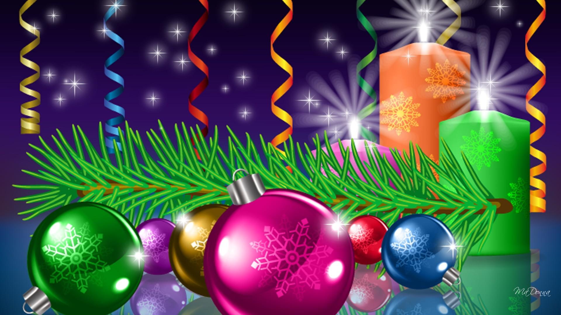 1080P, spruce, candle, shine, pine, christmas, feliz navidad, bright, decorations, streamiers, balls, HD Wallpaper