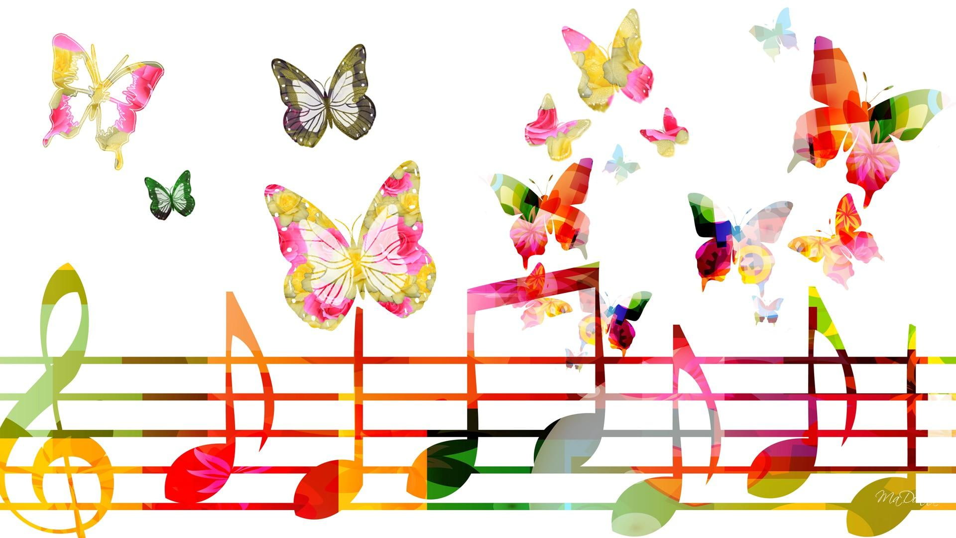summer, music, animals, butterflies, colorful, bright, 1080P, papillon, musical notes, sing, musical, play, HD Wallpaper