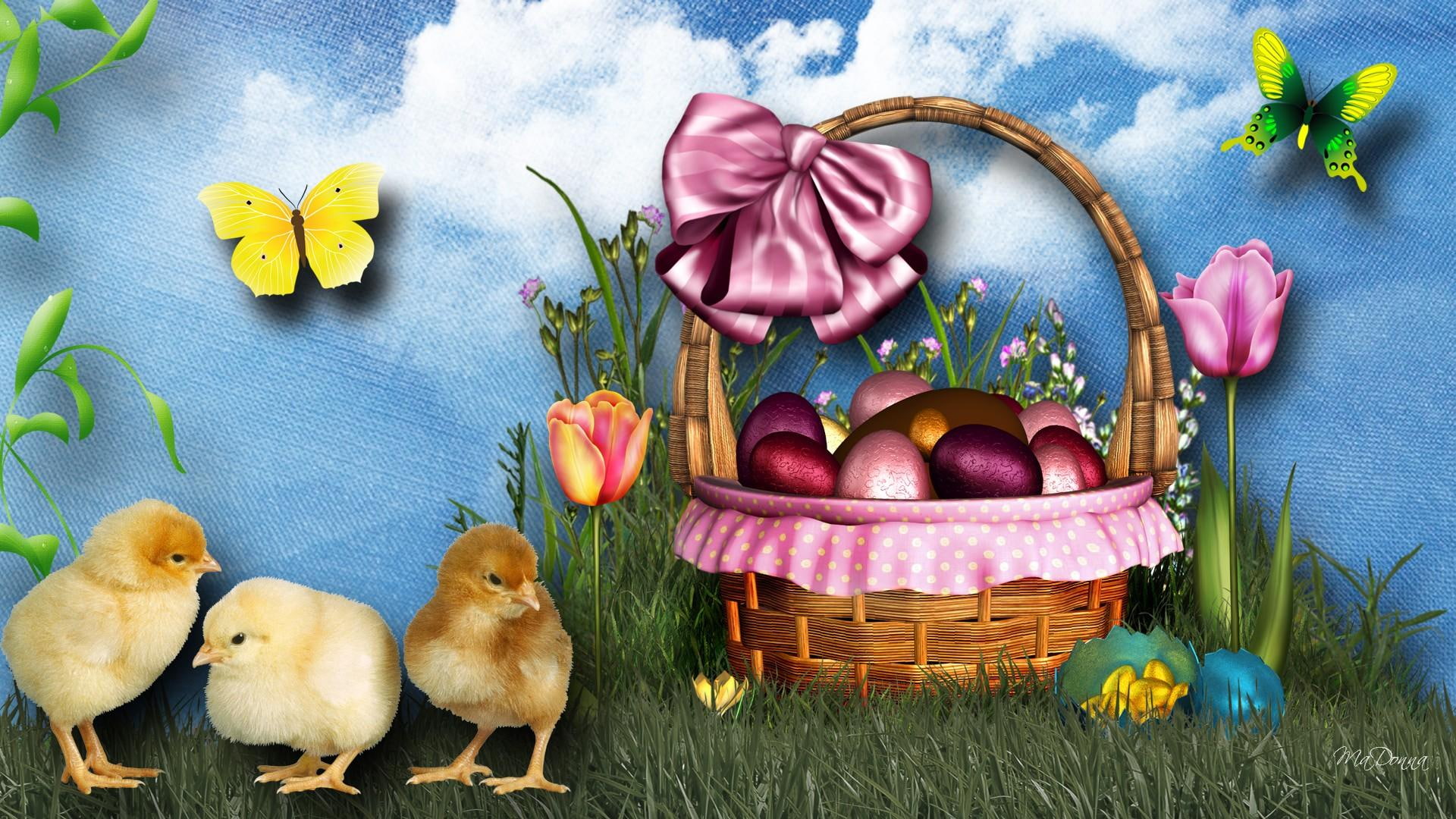 1080P, ribbons, butterflies, eggs, color, easter, spring, babies, bright, flowers, chicks, grass, chickens, basket, HD Wallpaper