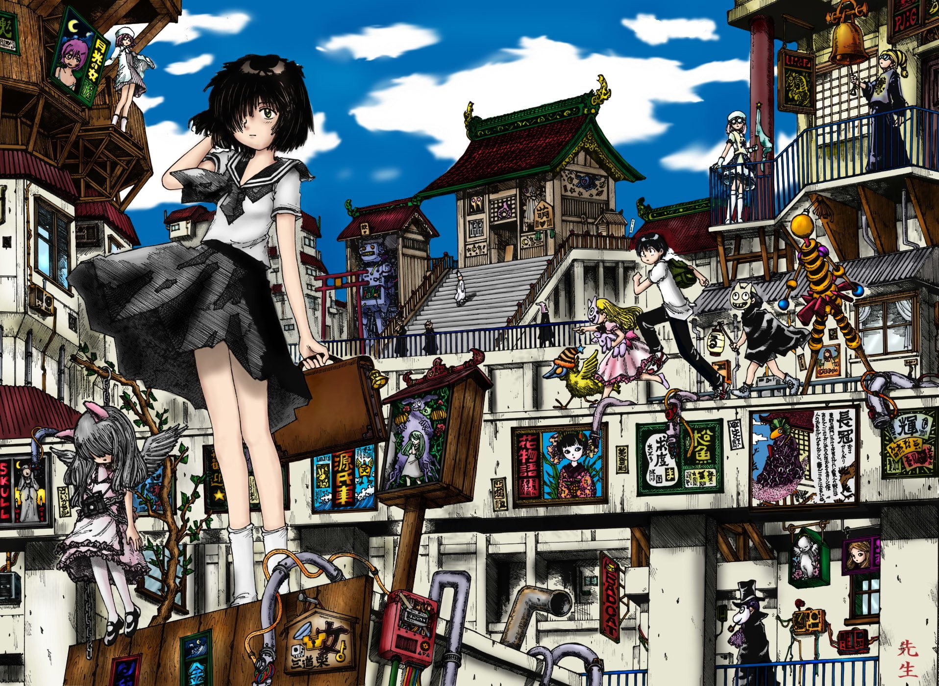 built structure, human representation, Manga, sculpture, day, Anime, outdoors, 720P, history, building exterior, art and craft, Mysterious Girlfriend X, HD Wallpaper