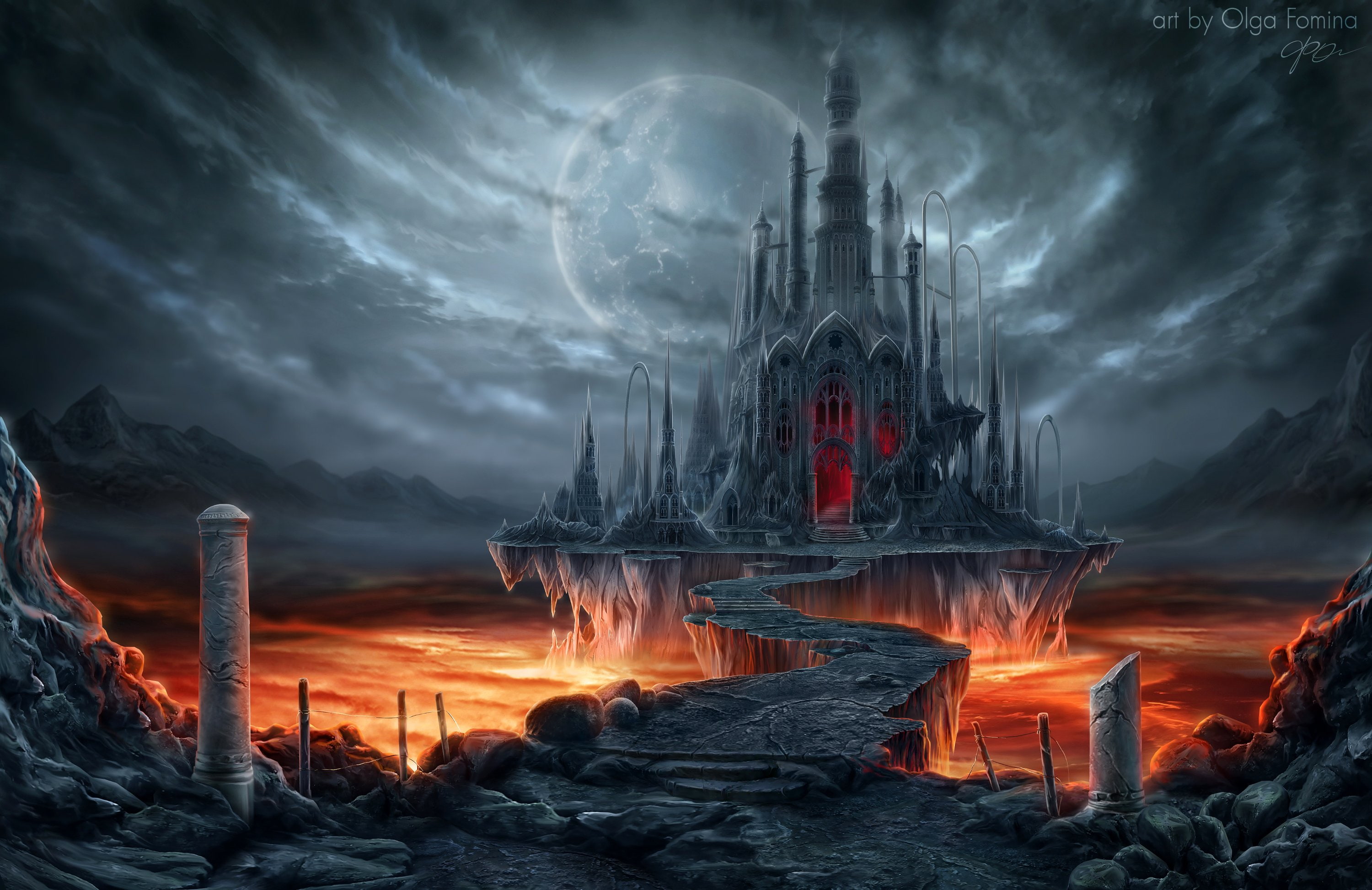 fantasy, moon, 2K, gothic, castle, fantastic, world, HD Wallpaper