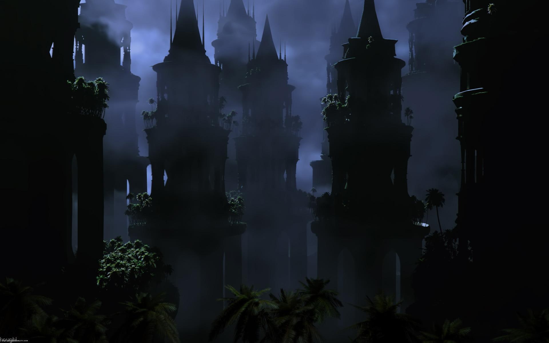 1080P, castle, nature and landscapes, mysterious, mist, dark, night, black, architecture, towers, gothic, HD Wallpaper