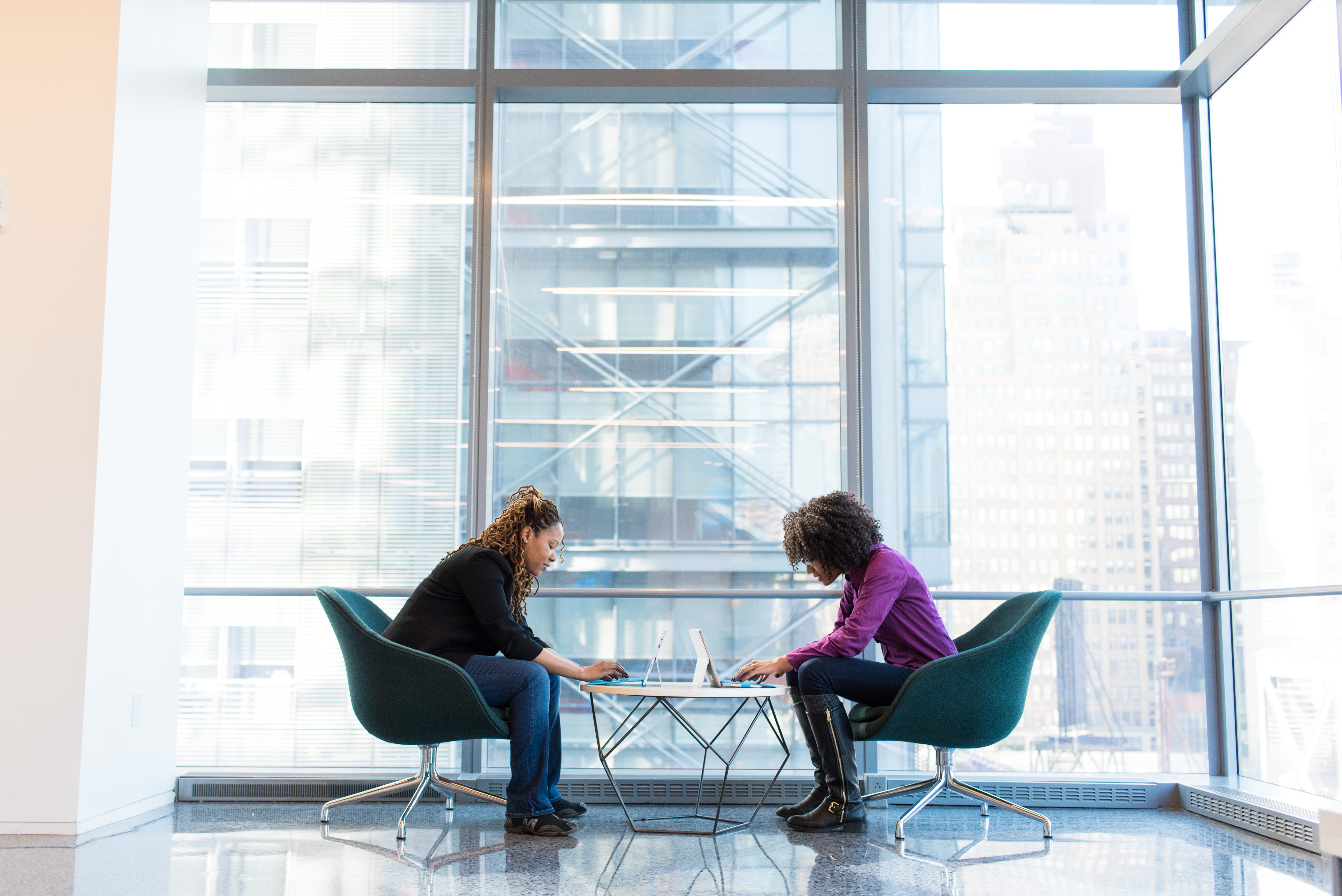 cooperation, togetherness, coworker, two, lobby, furniture, office, two people, laptop, young adult, business, teamwork, people, glass - material, young women, HD Wallpaper