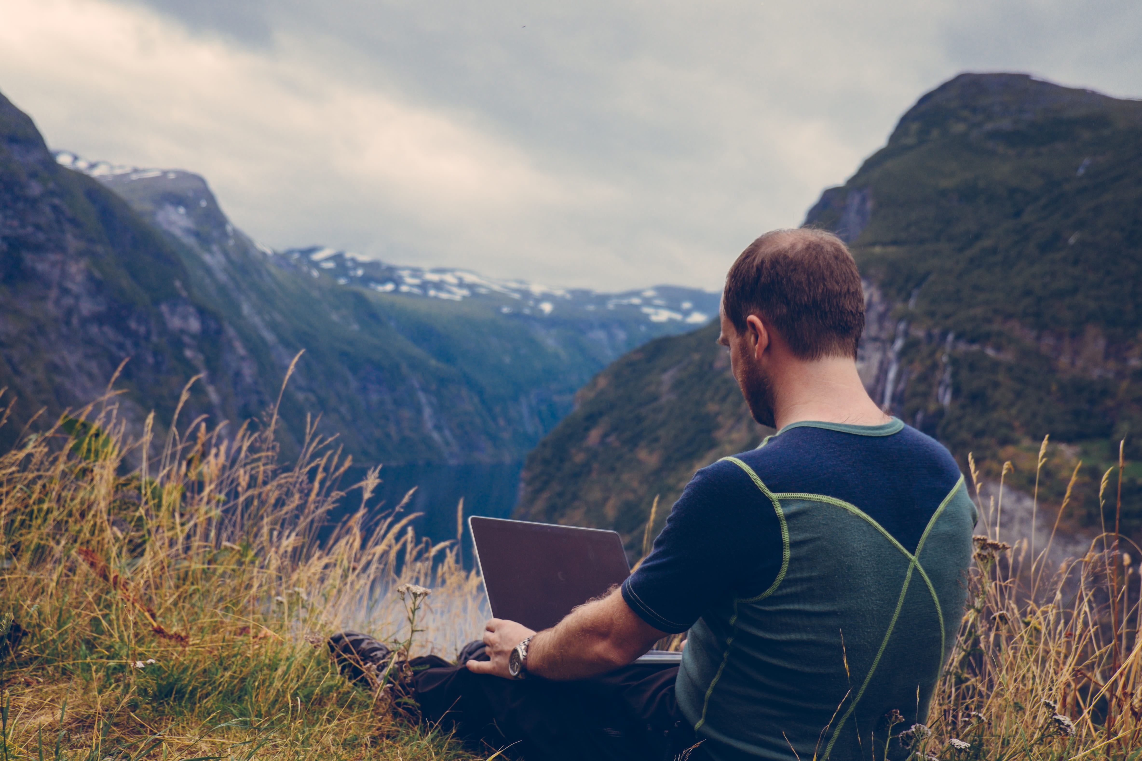 business, activity, mountain peak, grass, adult, valley, mountains, adventure, one person, sitting, cloud - sky, nomad, beauty in nature, scenics - nature, HD Wallpaper