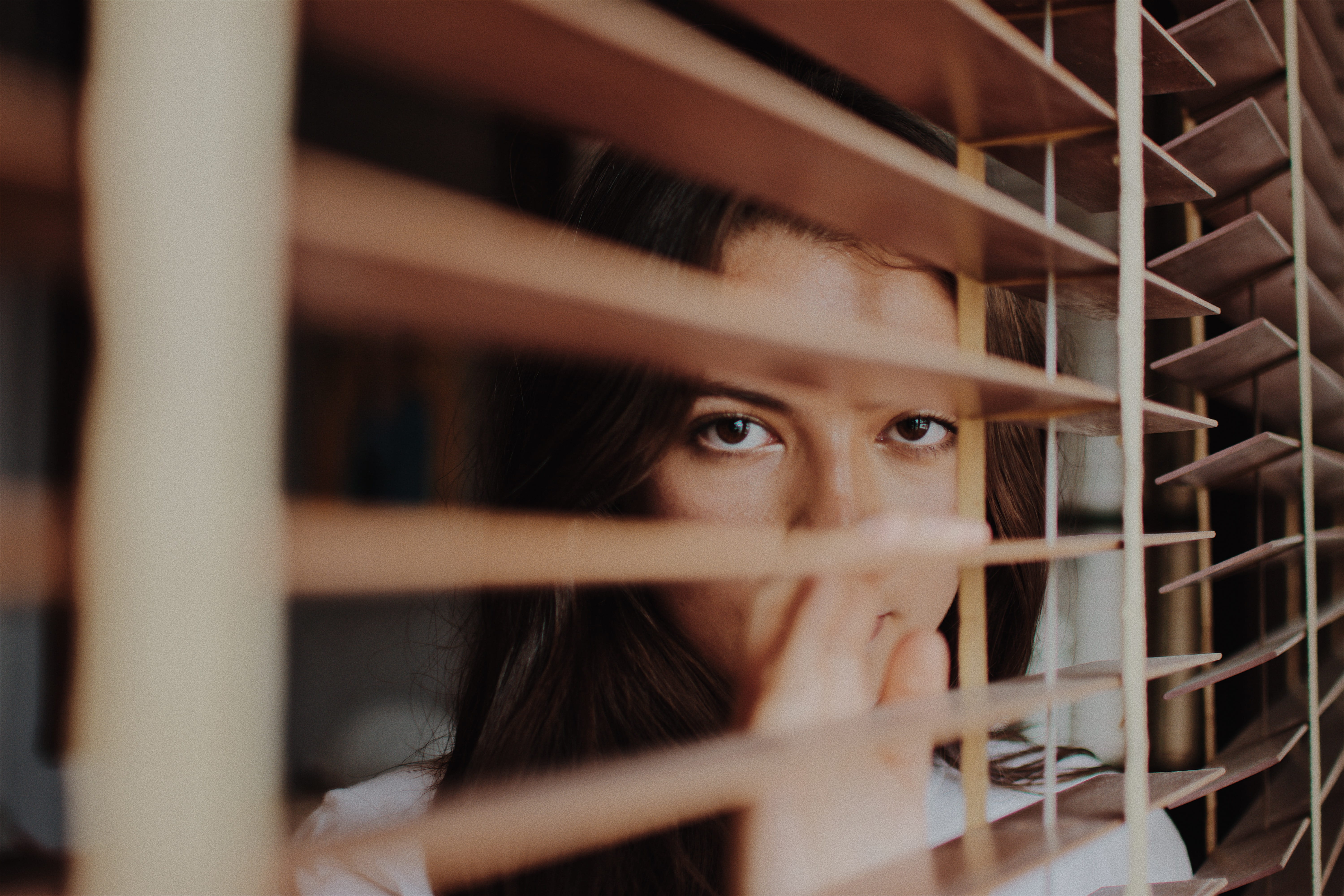 punishment, adult, looking at camera, blind, hand, women, prison, indoors, portrait, depression - sadness, headshot, venetian, woman, body part, human body part, HD Wallpaper