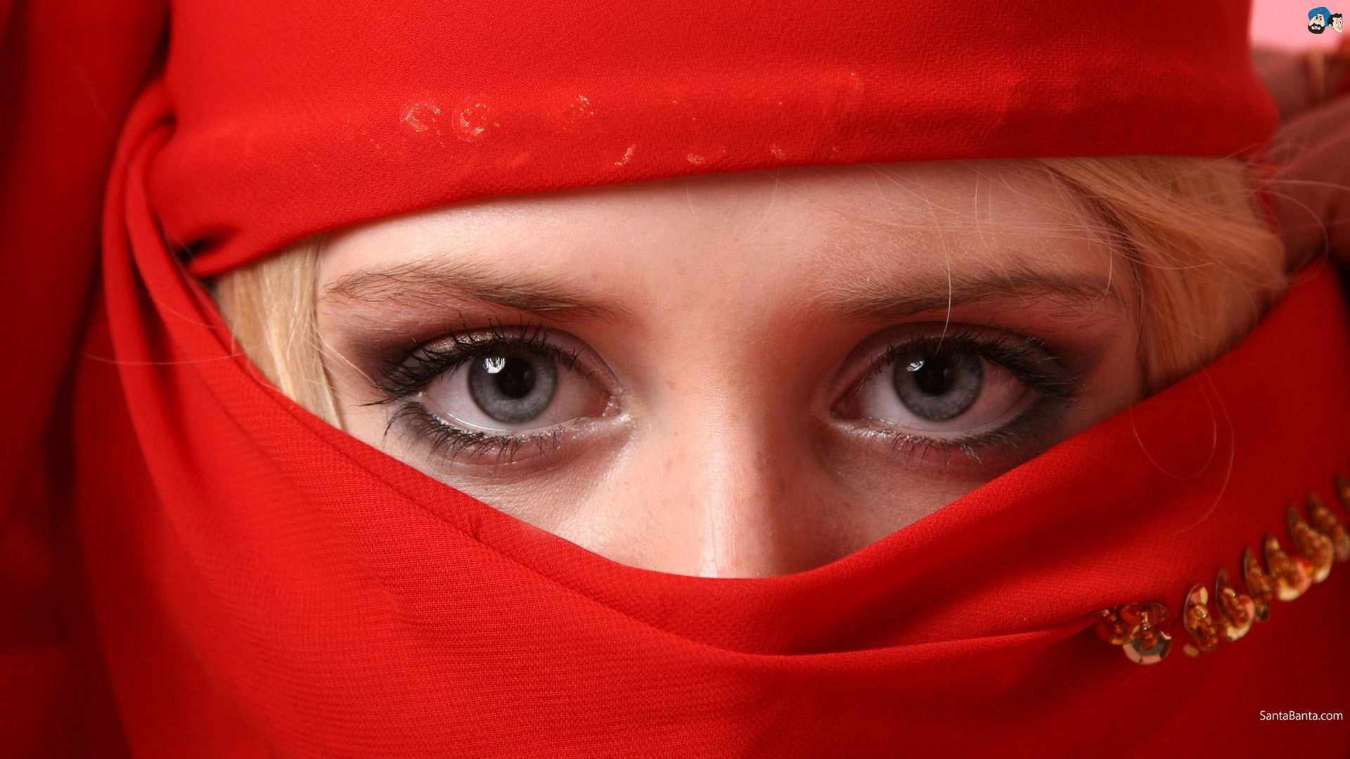 looking at camera, one person, offspring, close-up, eye, 1080P, headshot, red, human body part, scarf, human eye, girls, adult, watching, women, portrait, HD Wallpaper
