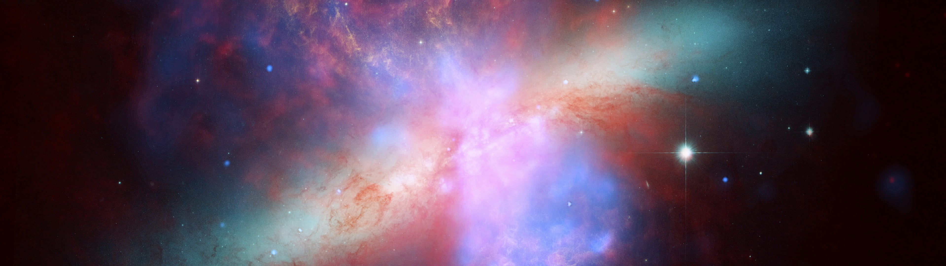 no people, outdoors, dark, panoramic, 4K, space exploration, arts culture and entertainment, Messier 82, nightlife, universe, astronomy, colorful, multiple display, HD Wallpaper