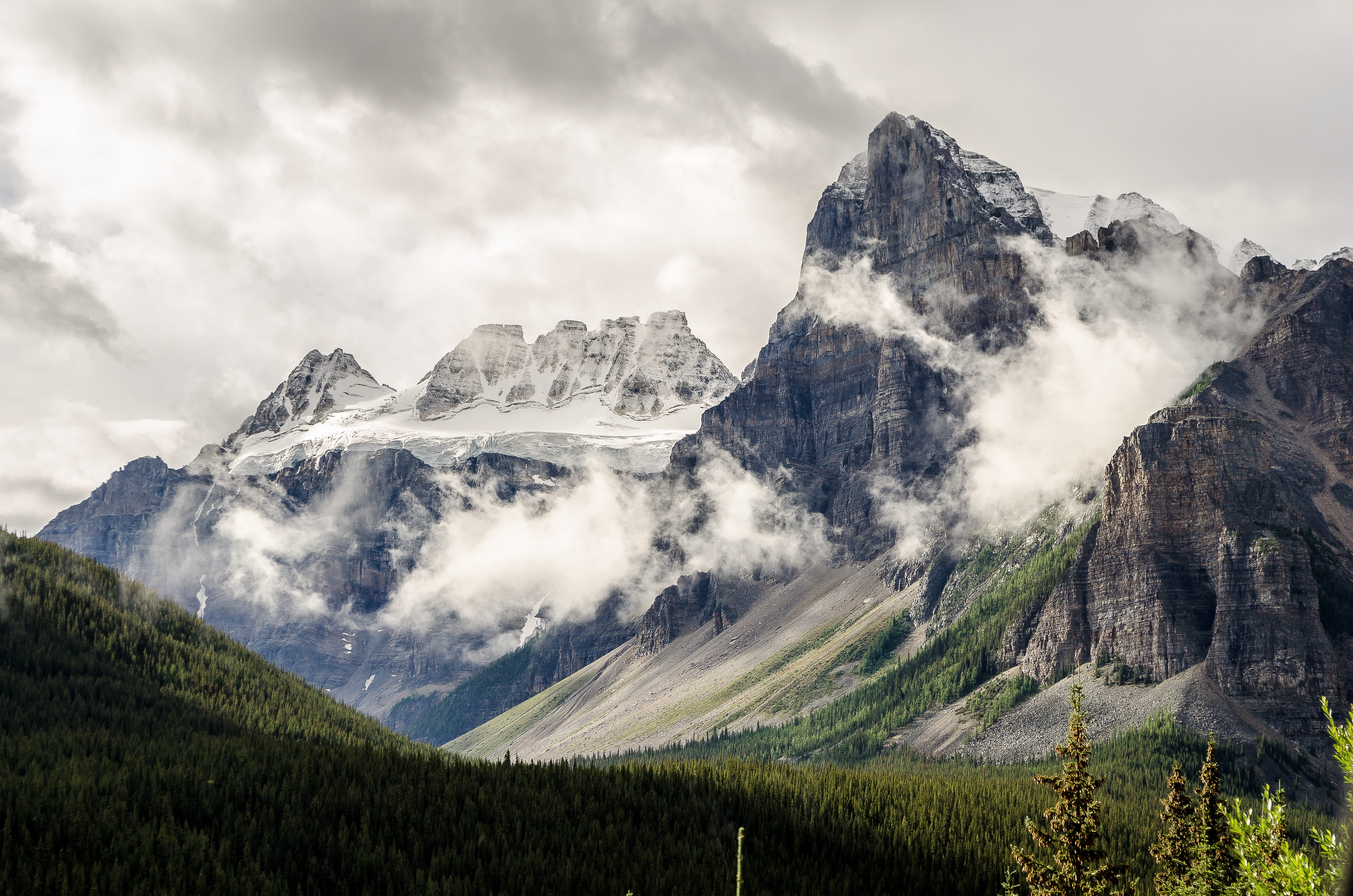 coniferous tree, mountains, beauty in nature, rock, trees, ice, cloud - sky, pf, cold temperature, photo, nearby, 4K, snowcapped mountain, mountain, nature, HD Wallpaper