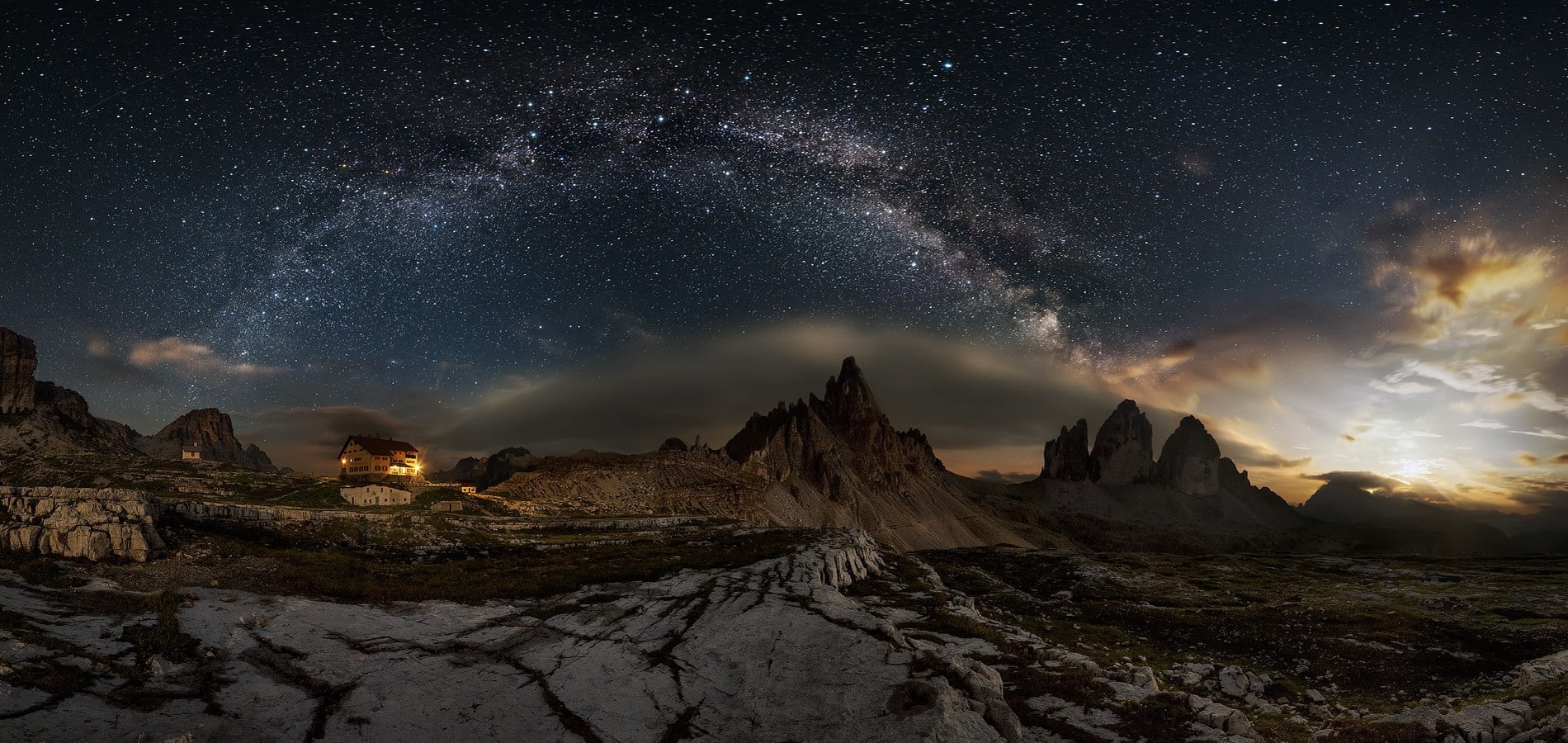 landscape, lights, Italy, summer, Dolomites (mountains), building, long exposure, cabin, starry night, Milky Way, nature, panoramas, 720P, photography, HD Wallpaper