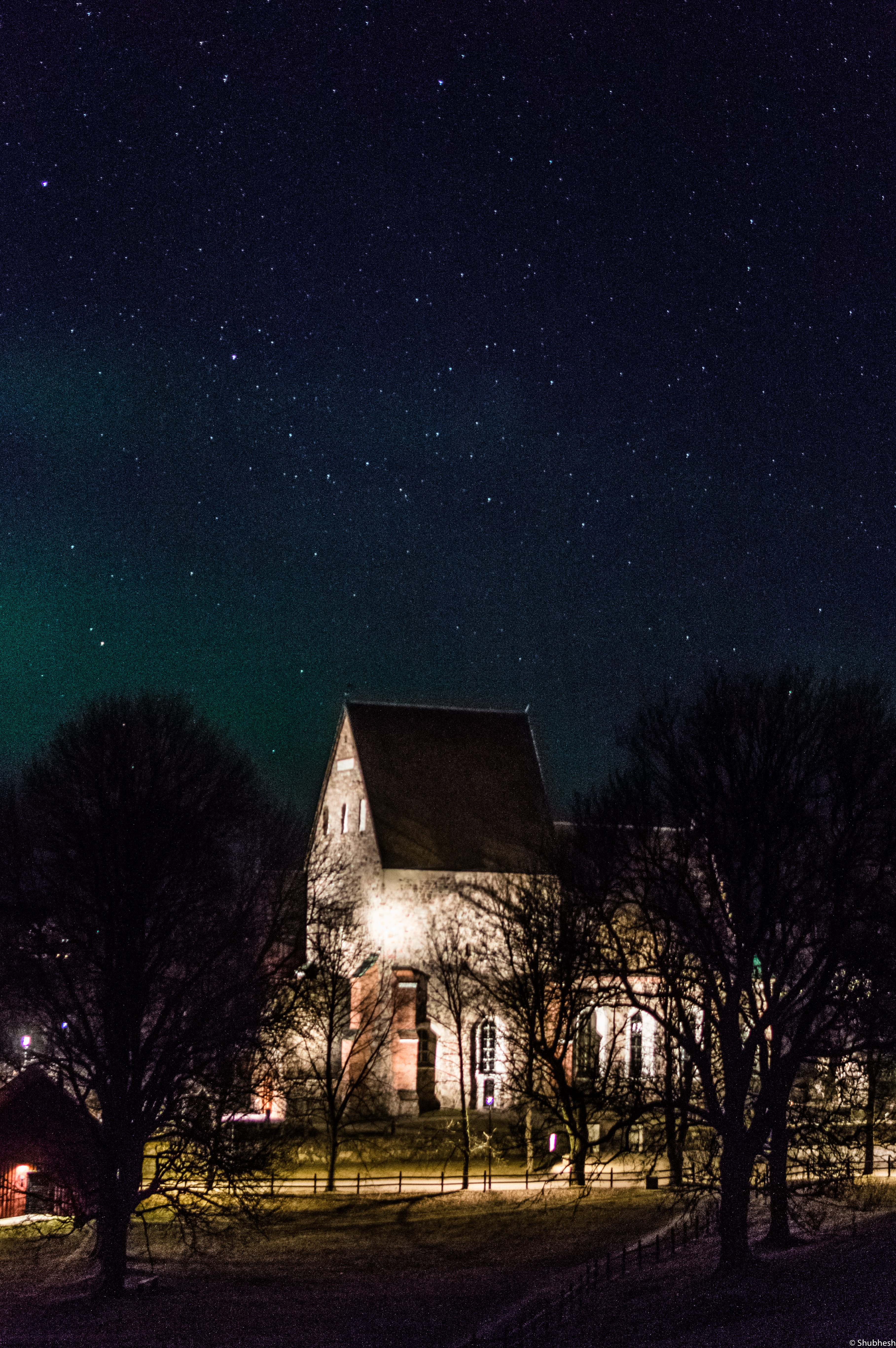 plant, aurora, gorest, built structure, space, star field, sky, northern, 5K, graveyard, house, astronomy, green, cemmetry, place of worship, illuminated, Phone HD Wallpaper