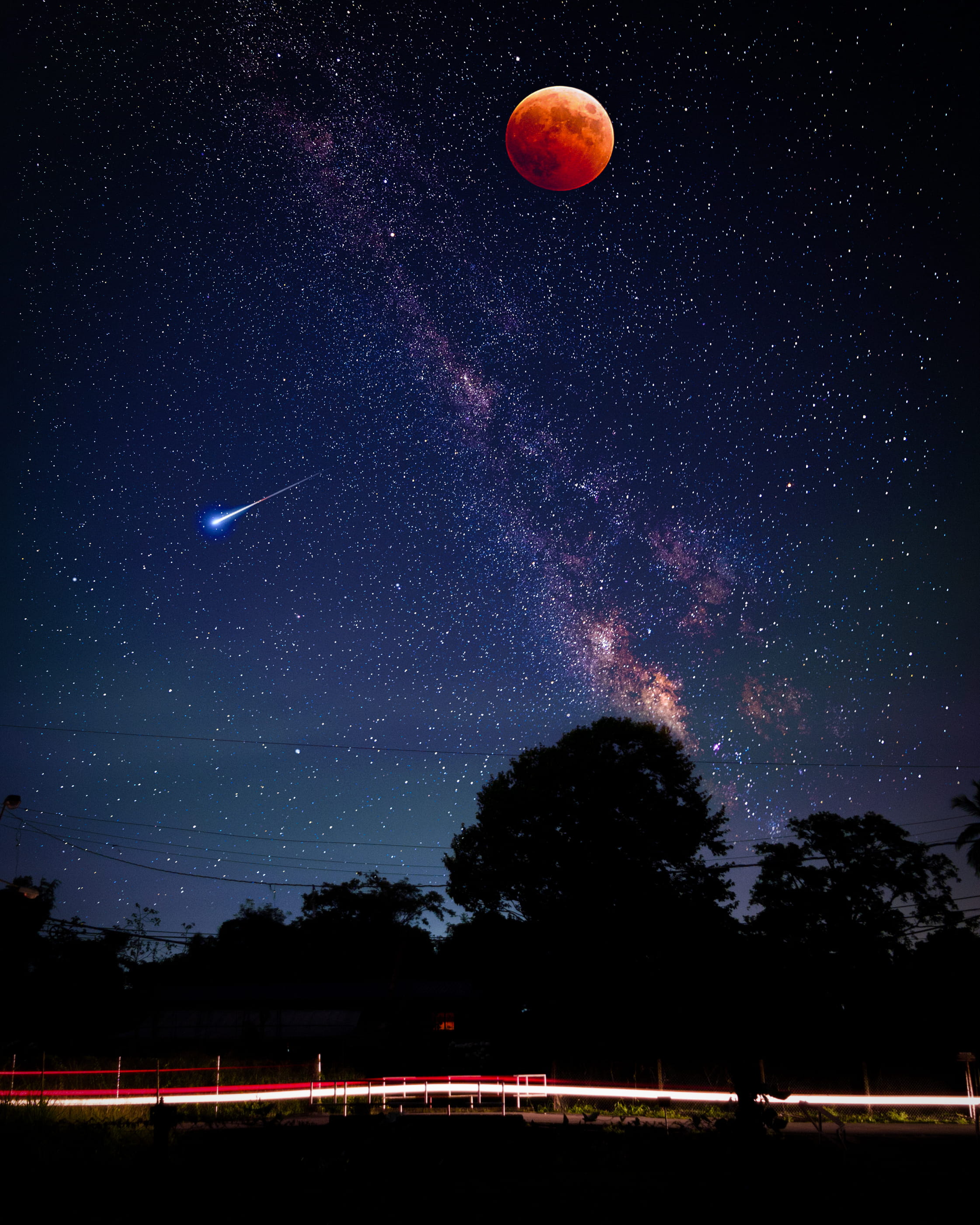 backgrounds, shooting star, blood moon, bloodmoon, nature, science, planet - Space, star, long exposure, dark, red, 2K, blue, constellation, galaxy, astrophotography, Phone HD Wallpaper