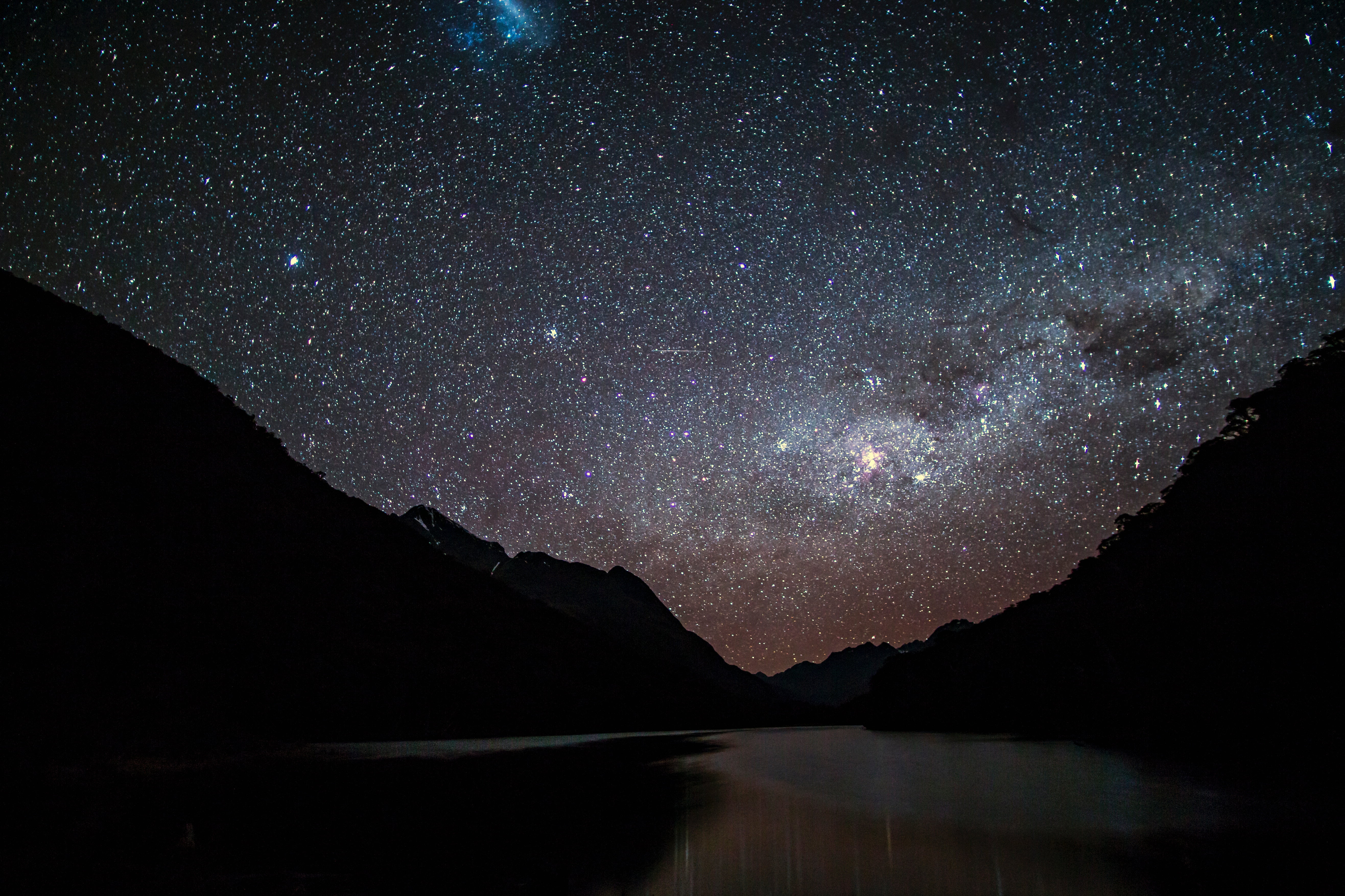 infinity, exploration, waterfront, long Exposure, blue, star Field, astrology, sky, black, mountains, astronomy, nature, meteor, dark, beauty in nature, HD Wallpaper