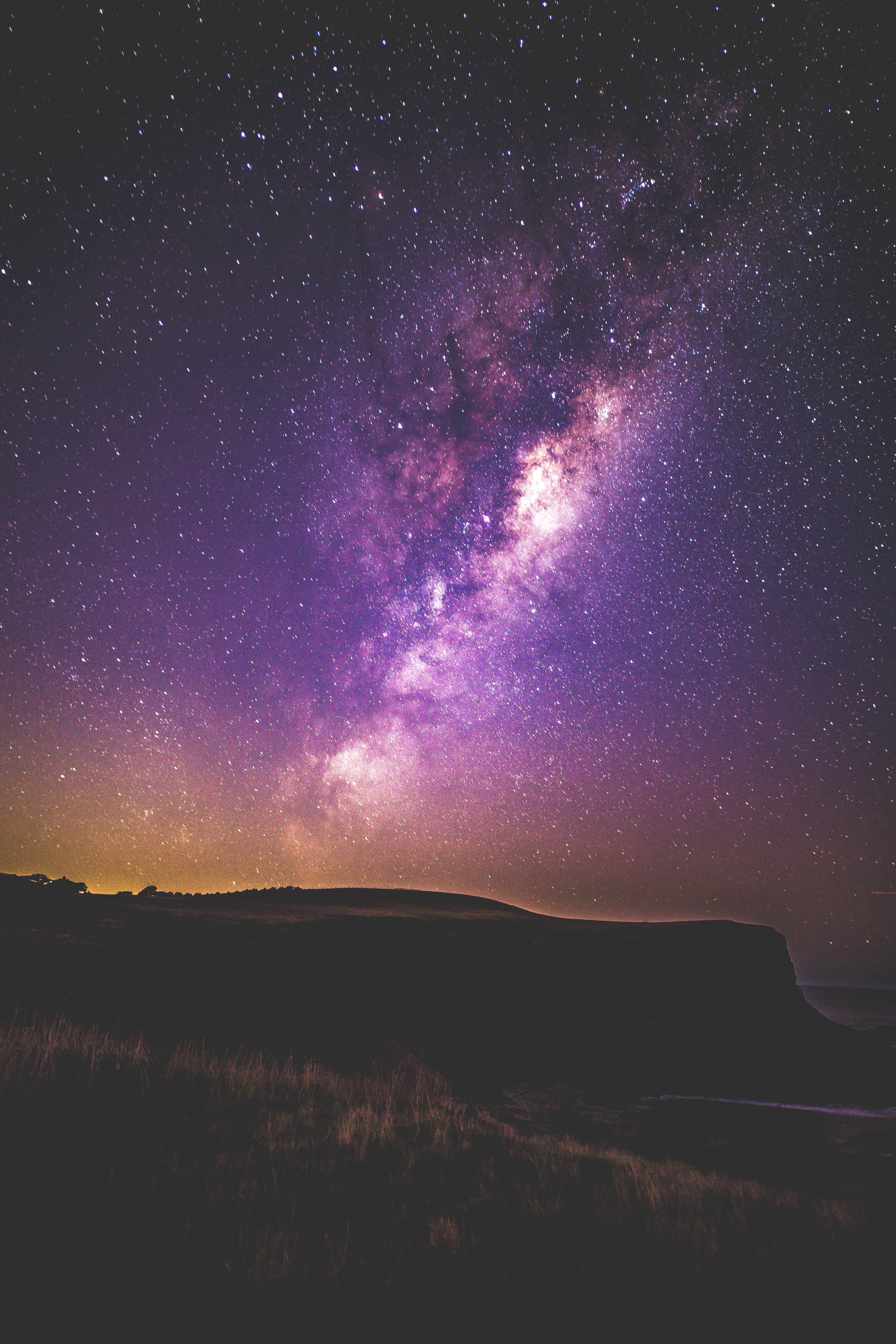 tranquil scene, starry sky, nature, purple, outdoors, star Trail, blue, idyllic, mountain, illuminated, awe, grass, planet - Space, nebula, space and astronomy, Phone HD Wallpaper