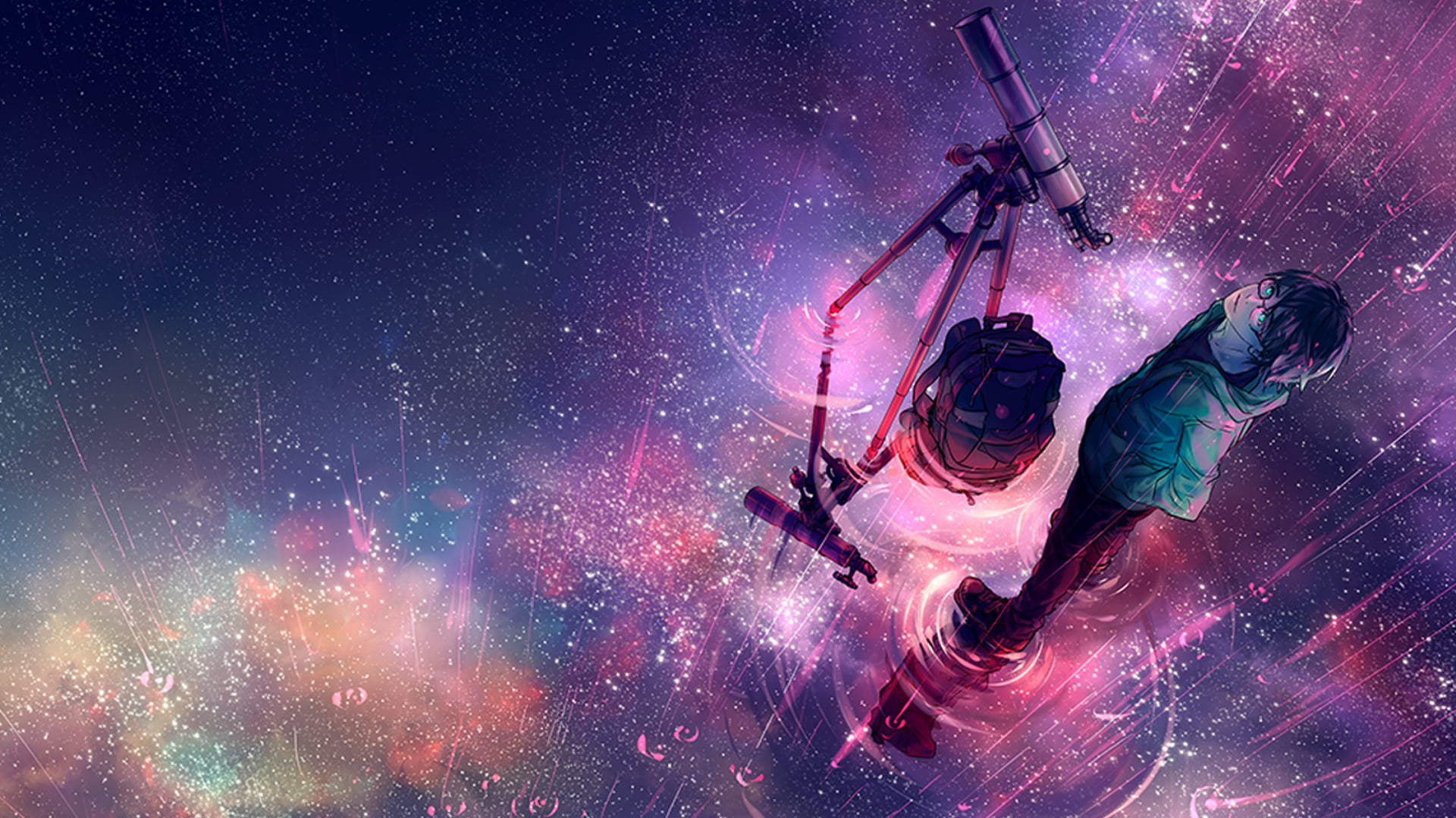 character, space, young adult, full length, rain, cold temperature, outdoors, clothing, night, anime, telescope, celebration, screenshot, multi colored, HD Wallpaper