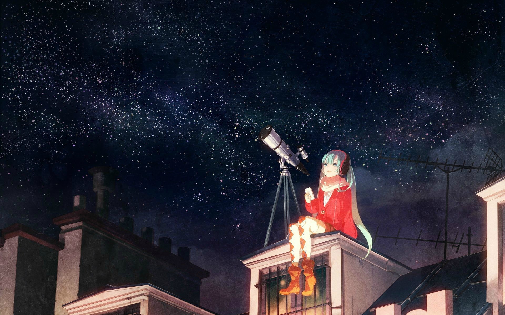 telescope, stars, Hatsune Miku, sky, Vocaloid, 1080P, headphones, HD Wallpaper