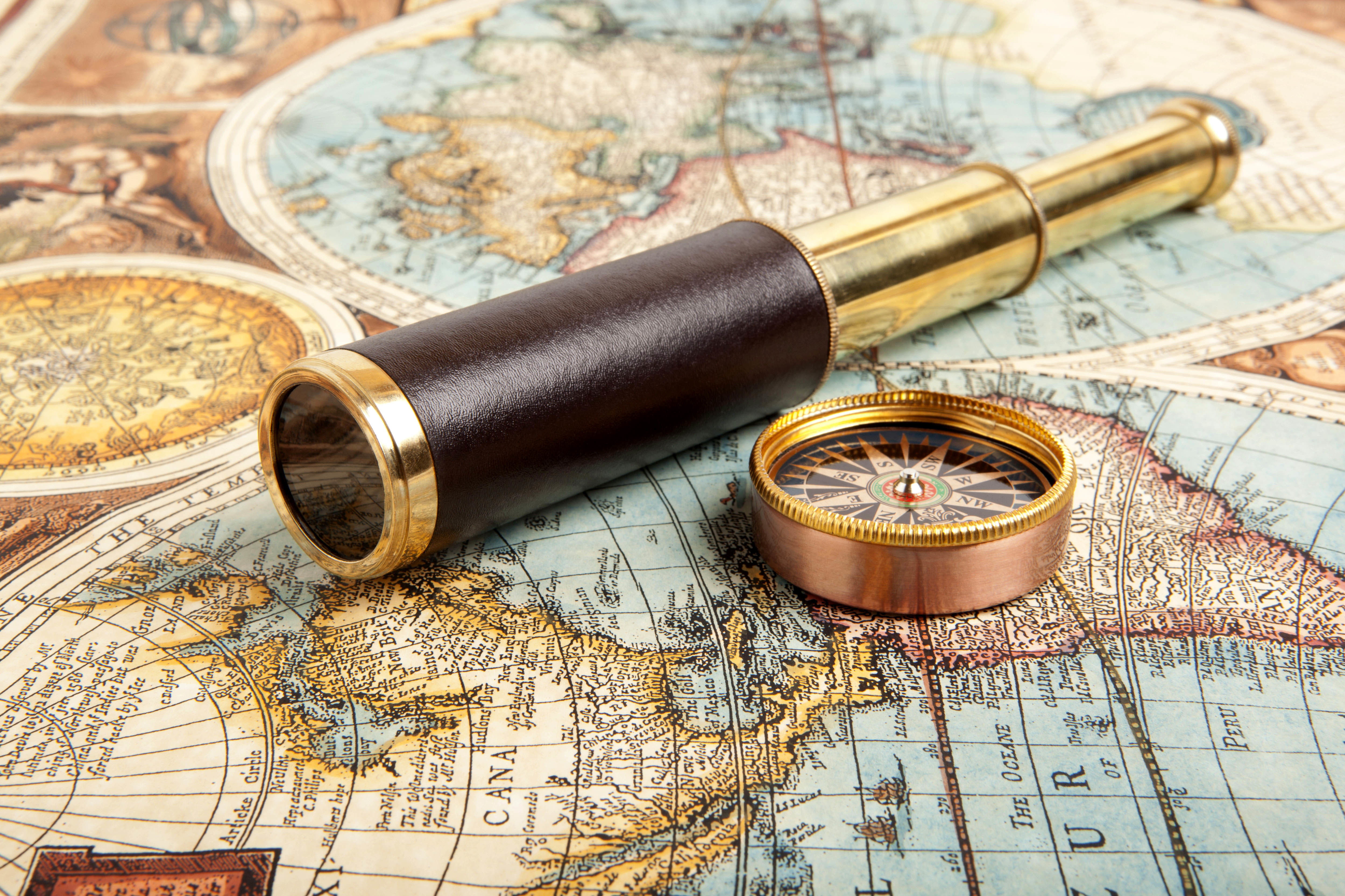 blur, spyglass, travel, journey, bokeh, mechanism, ancient map, 4K, compass, ., telescope, HD Wallpaper