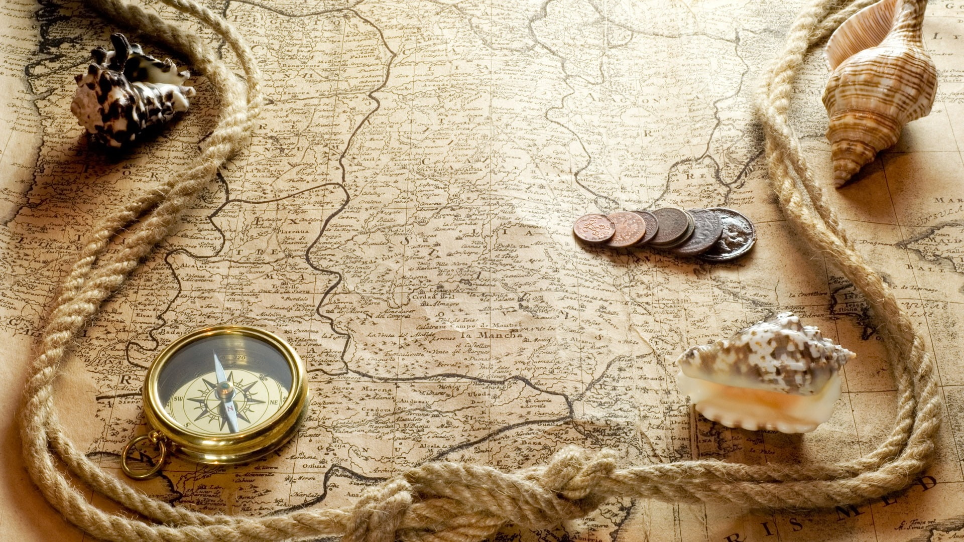wood - material, antique, history, rope, no people, table, indoors, map, old, Others, compass, time, 1080P, old map, still life, brown, textured, coins, HD Wallpaper