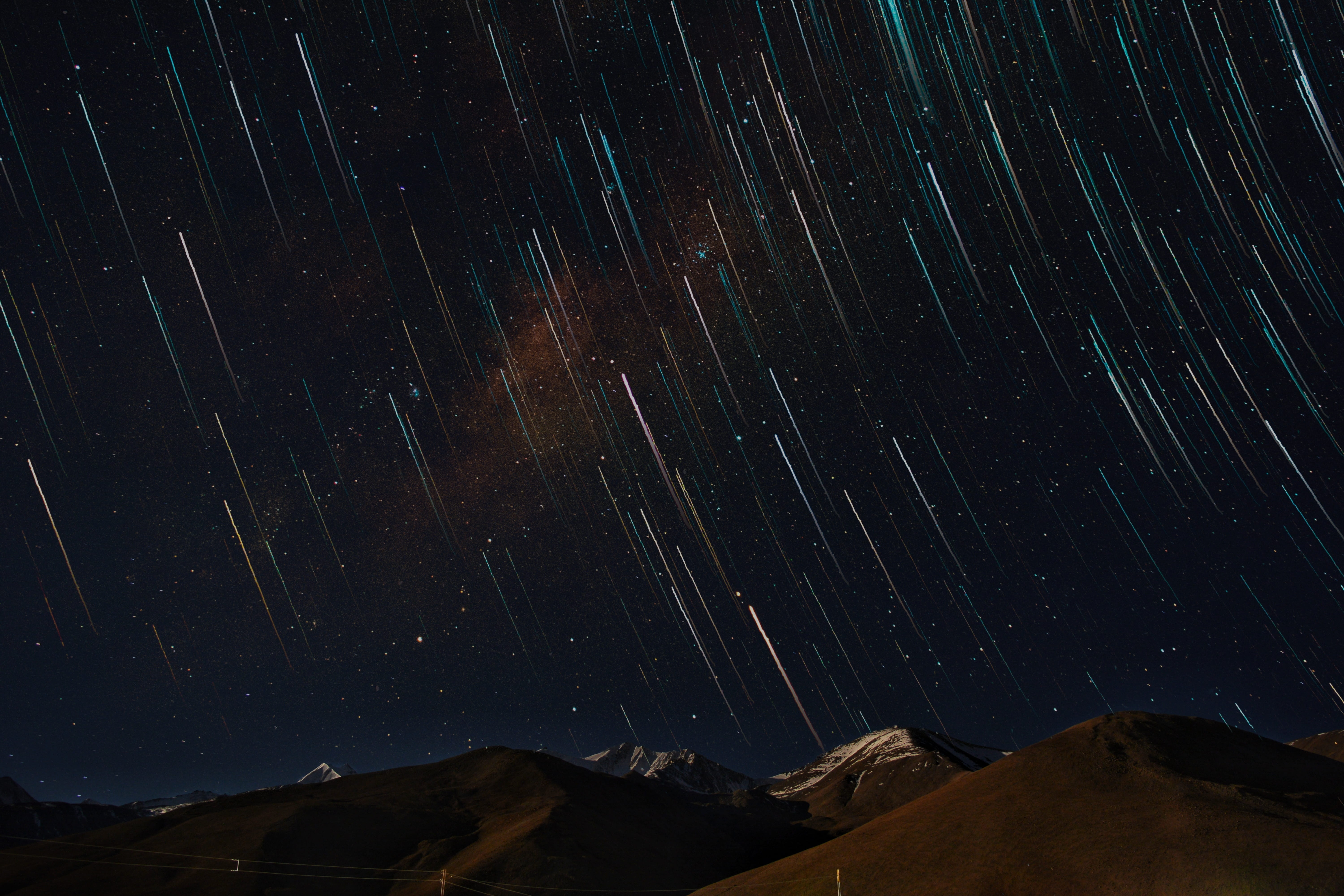 lapse, milky way, desert, mountain, star trail, scenics - nature, universe, star - space, road, cold temperature, tranquil scene, mountain peak, star field, HD Wallpaper