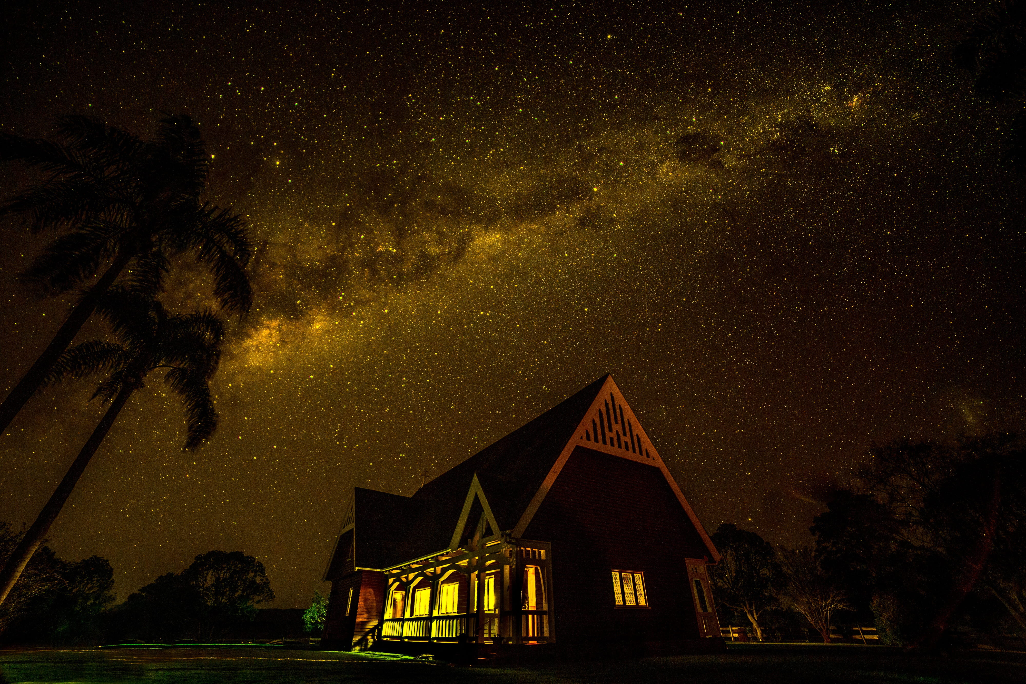 stars, astronomy, church, galaxy, scenics - nature, plant, tranquility, space, milky way, star - space, night sky, tranquil scene, water, architecture, HD Wallpaper