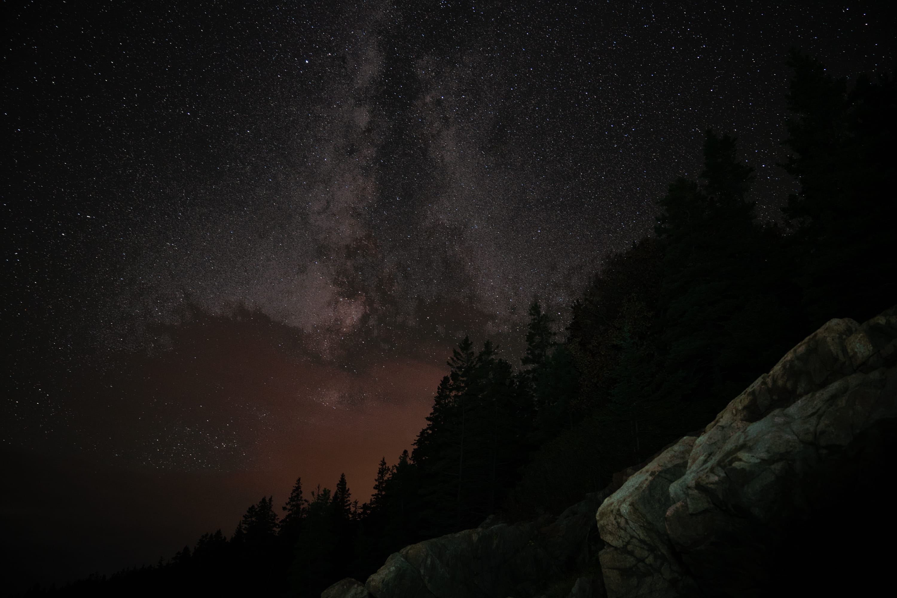 tree, fall, green, galaxy, star field, constellation, space, night, star - space, long exposure, milkyway, maine, coast, silhouette, leafed, tranquility, HD Wallpaper