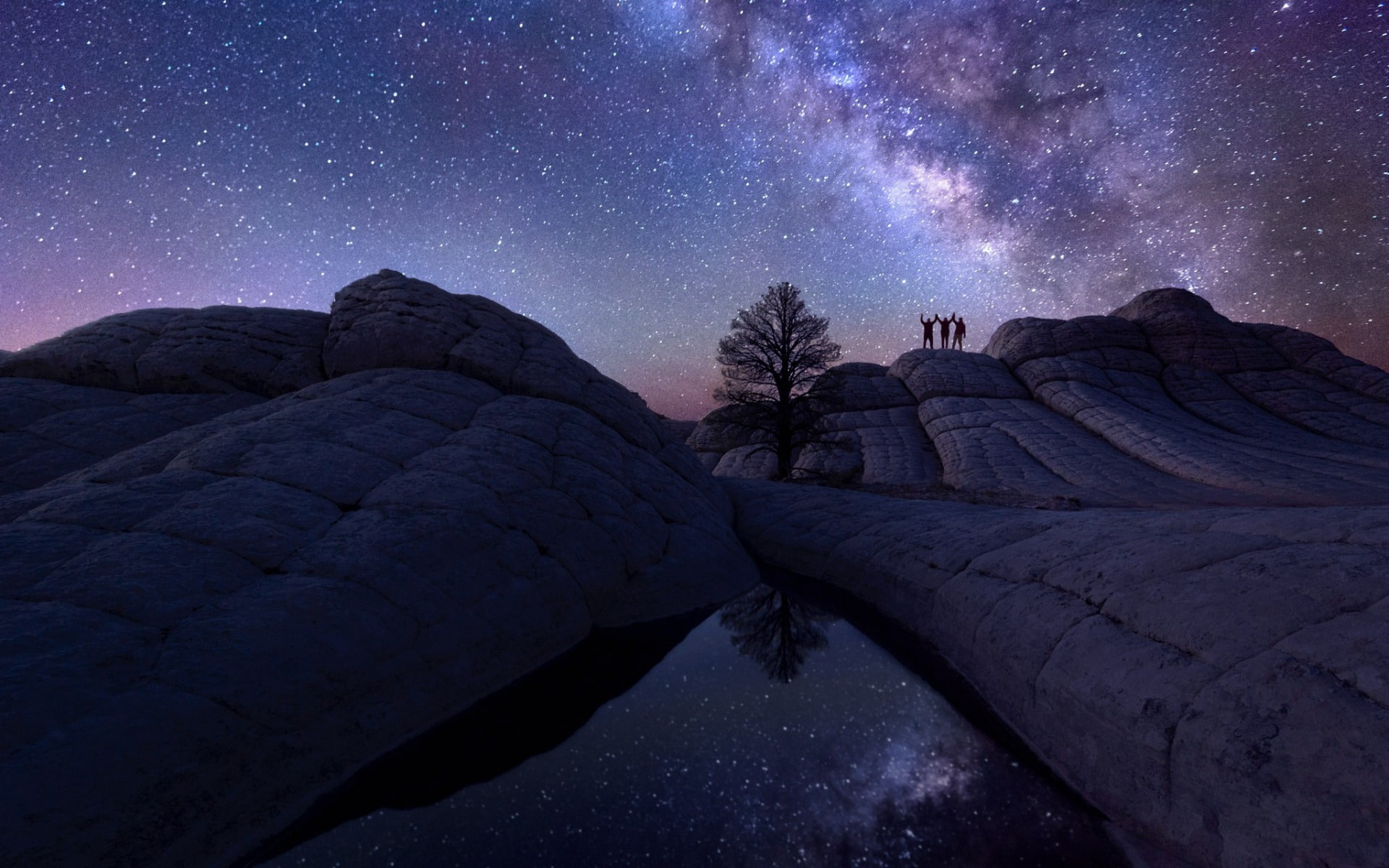 person, galaxy, formation, environment, solid, milky, beauty in nature, architecture, rock, constellation, night, three, sky, way, silhouette, star field, HD Wallpaper