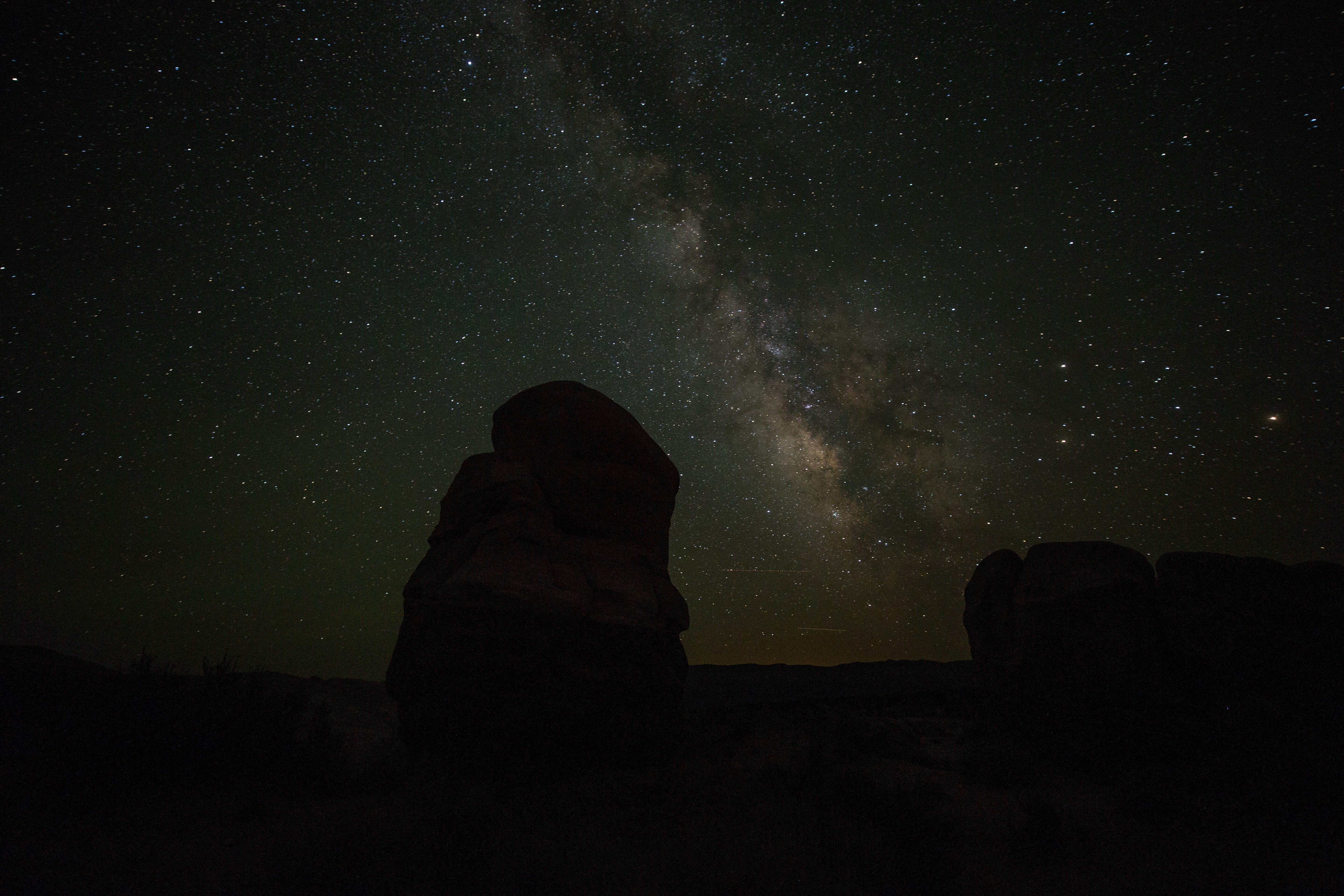 milky way, silhouette, star field, 5K, nature, rock - object, solid, space, astro, night, landscape, tranquil scene, rock, star, person, life, sky, live, HD Wallpaper