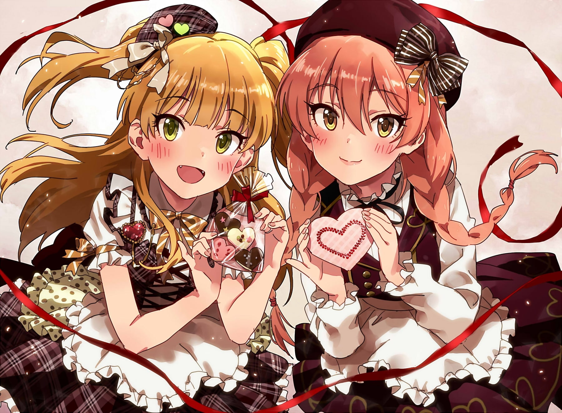 com, bow, dress, 2girls, konachan, twintails, ribbons, hair, blonde, valentine, long, candy, hat, idolmaster, jougasaki, 720P, sonsoso, braids, mika, green, HD Wallpaper