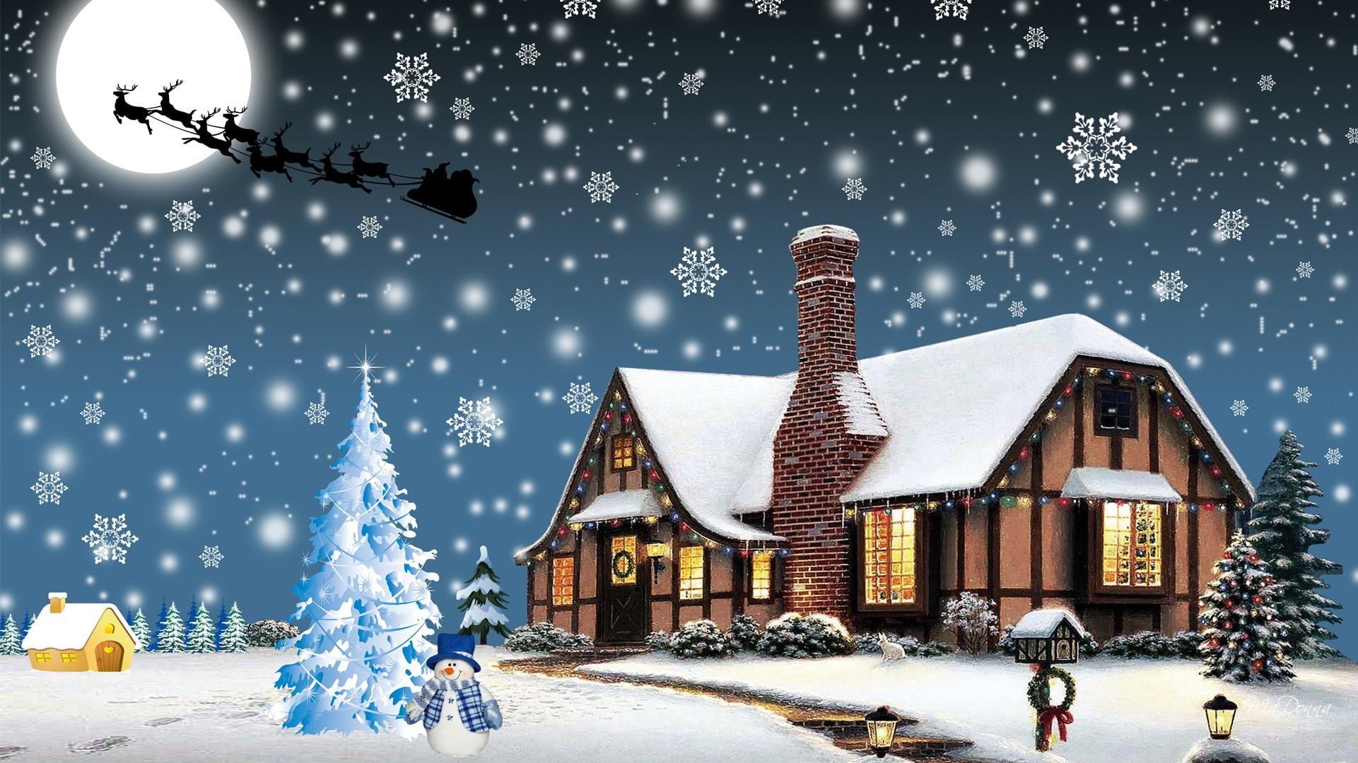 bt engage, snowflakes, snowman, eve, 1080P, sleigh ride, trees, firefox per, perfect, snow, house, brand thunder, christmas, snowing, HD Wallpaper