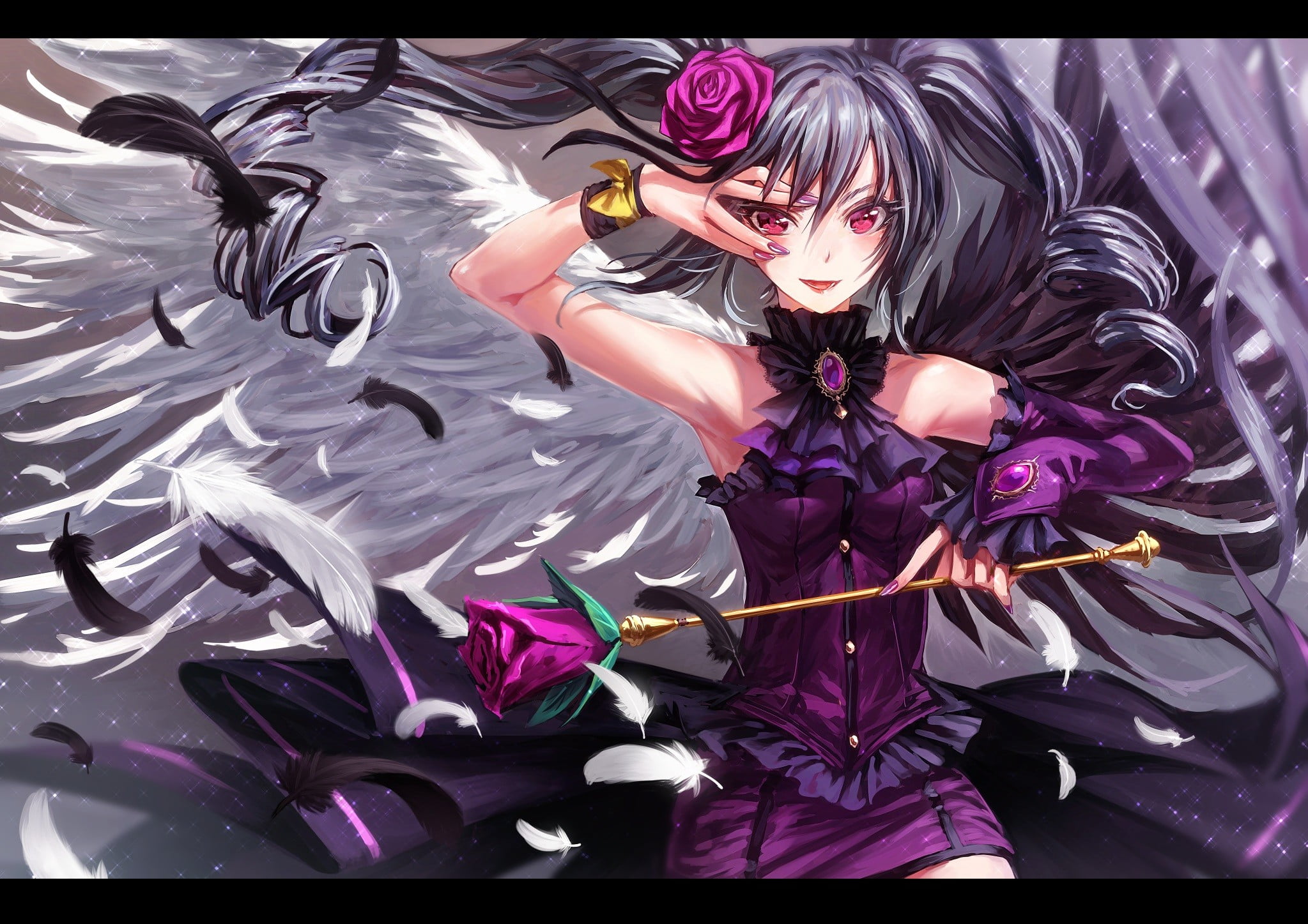 holding, auto post production filter, front view, skirt, one person, purple, three quarter length, high angle view, anime girls, indoors, pink color, transfer print, HD Wallpaper