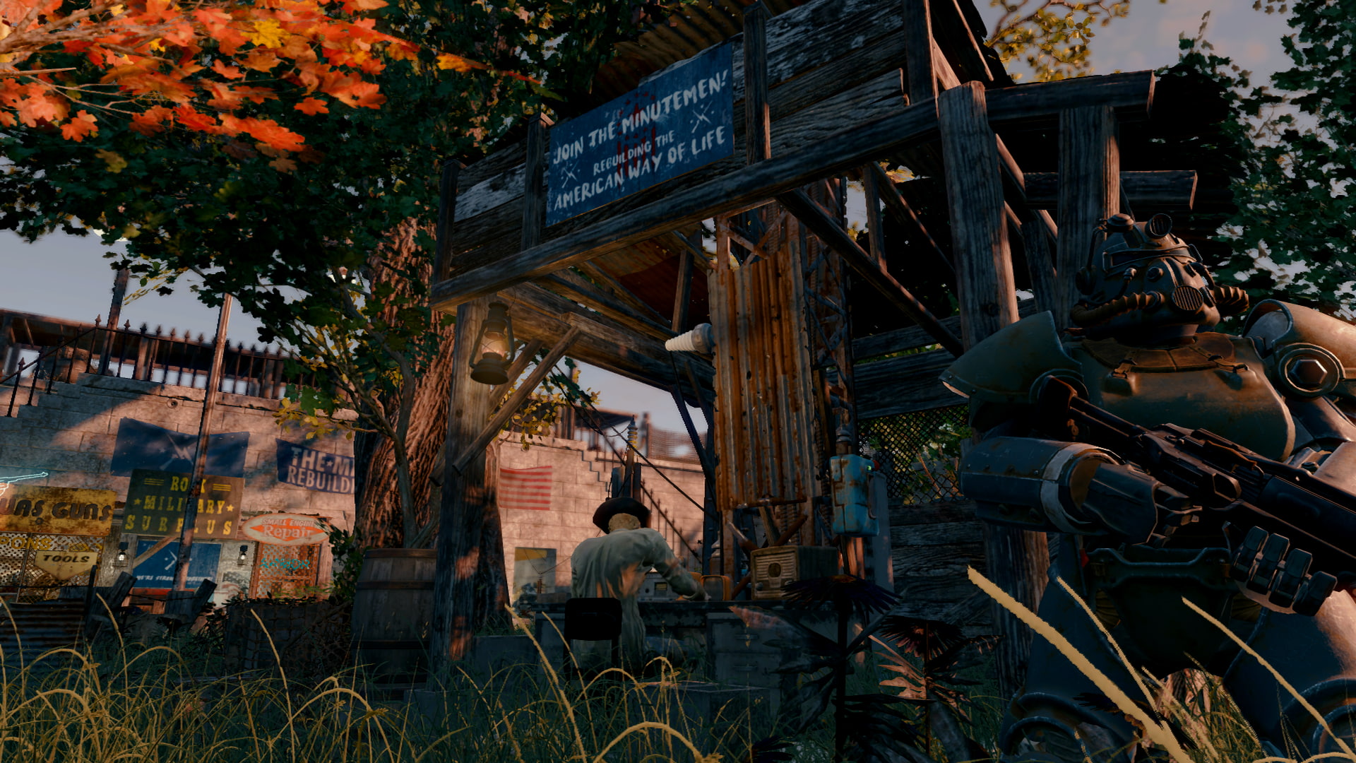 built structure, building exterior, people, tree, abandoned, architecture, Fallout 4, lifestyles, western script, group of people, Xbox One, text, men, HD Wallpaper