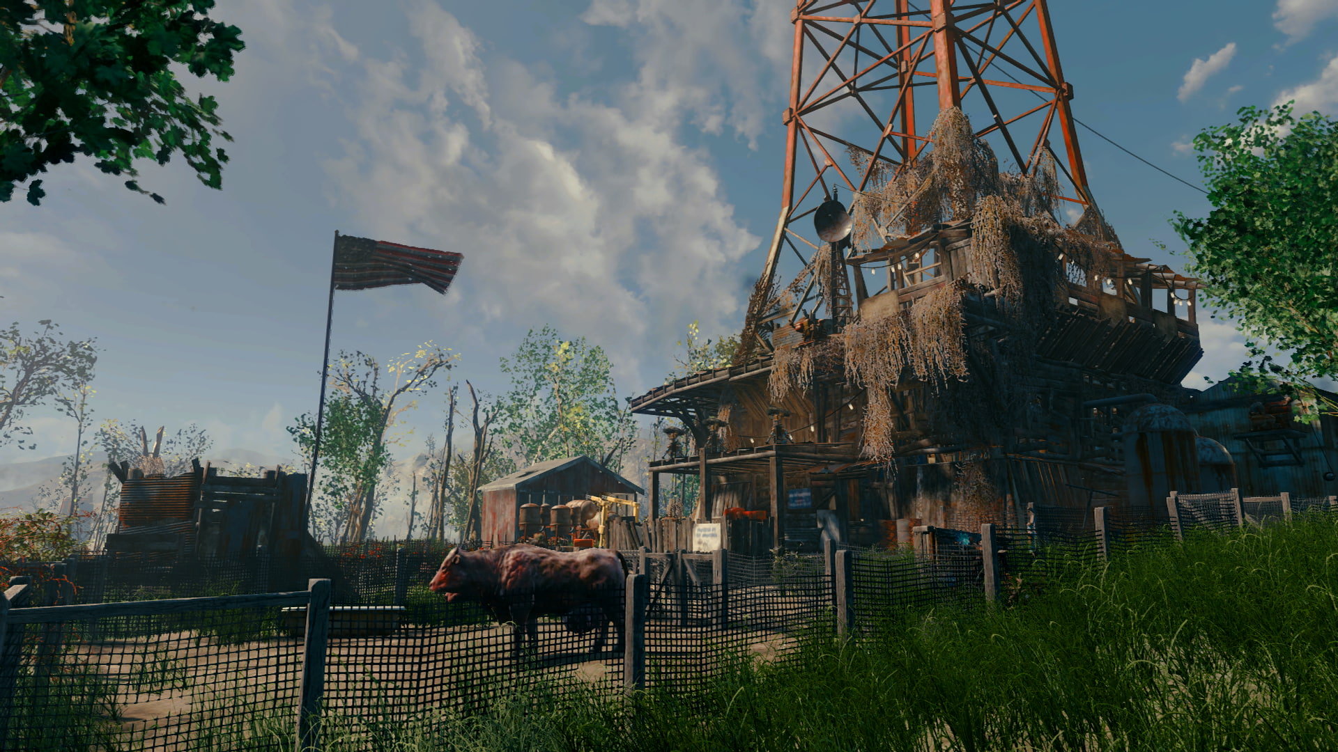 tower, architecture, low angle view, metal, Xbox One, sky, history, 1080P, abandoned, cow, nature, plant, building exterior, no people, outdoors, Fallout 4, HD Wallpaper